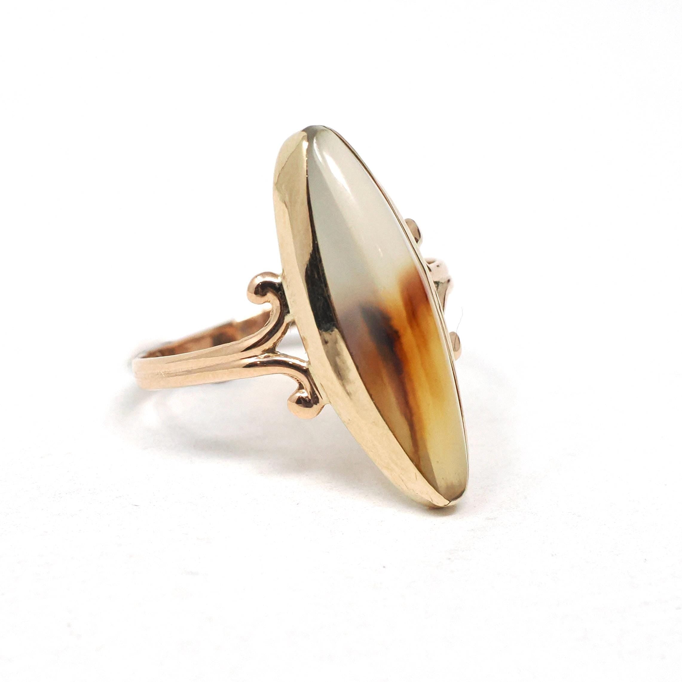 Vintage Agate Ring - Retro 10k Yellow Gold Marquise Cabochon Cut Banded Gemstone - Circa 1940s Size 7 Navette Style Fine Statement Jewelry