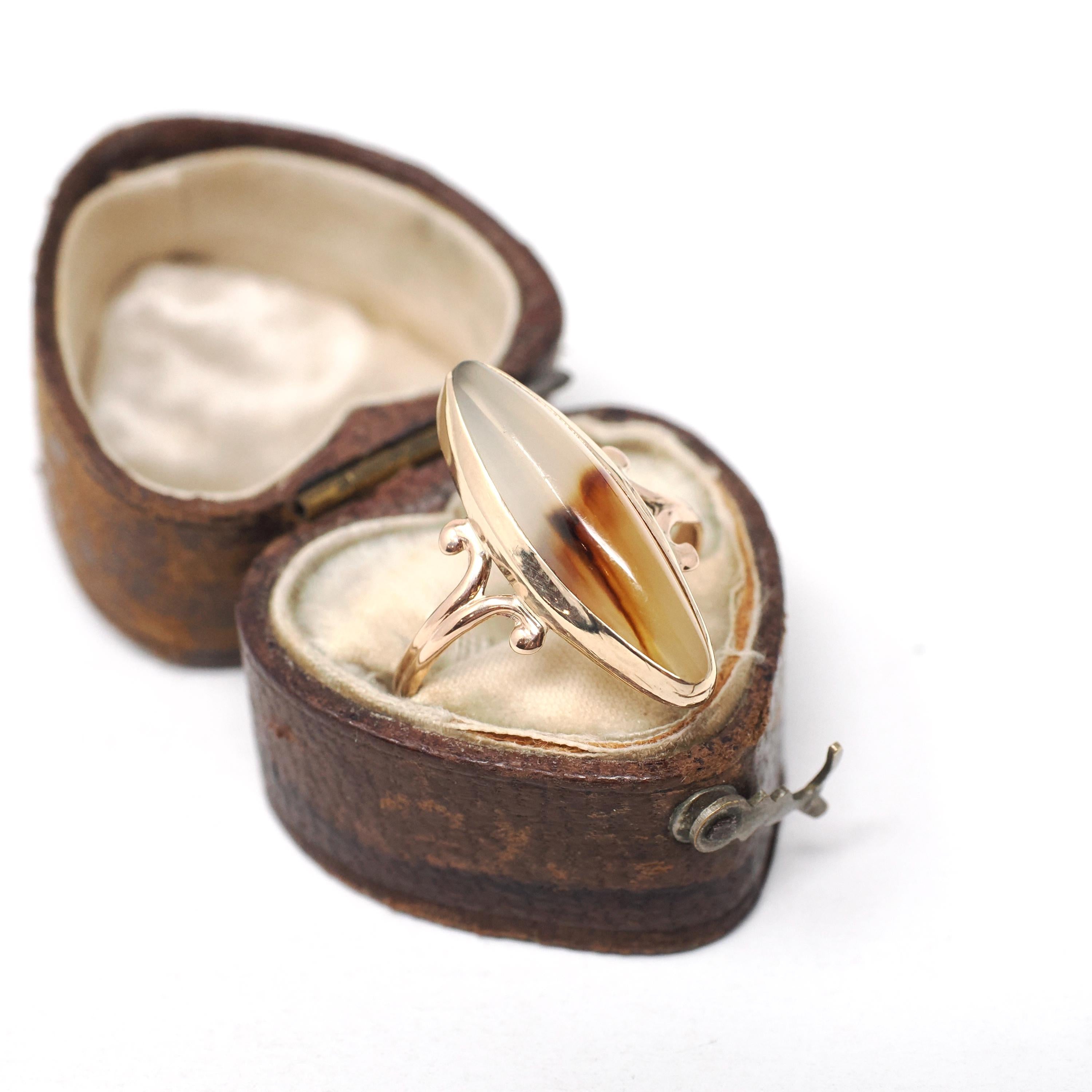 Vintage Agate Ring - Retro 10k Yellow Gold Marquise Cabochon Cut Banded Gemstone - Circa 1940s Size 7 Navette Style Fine Statement Jewelry