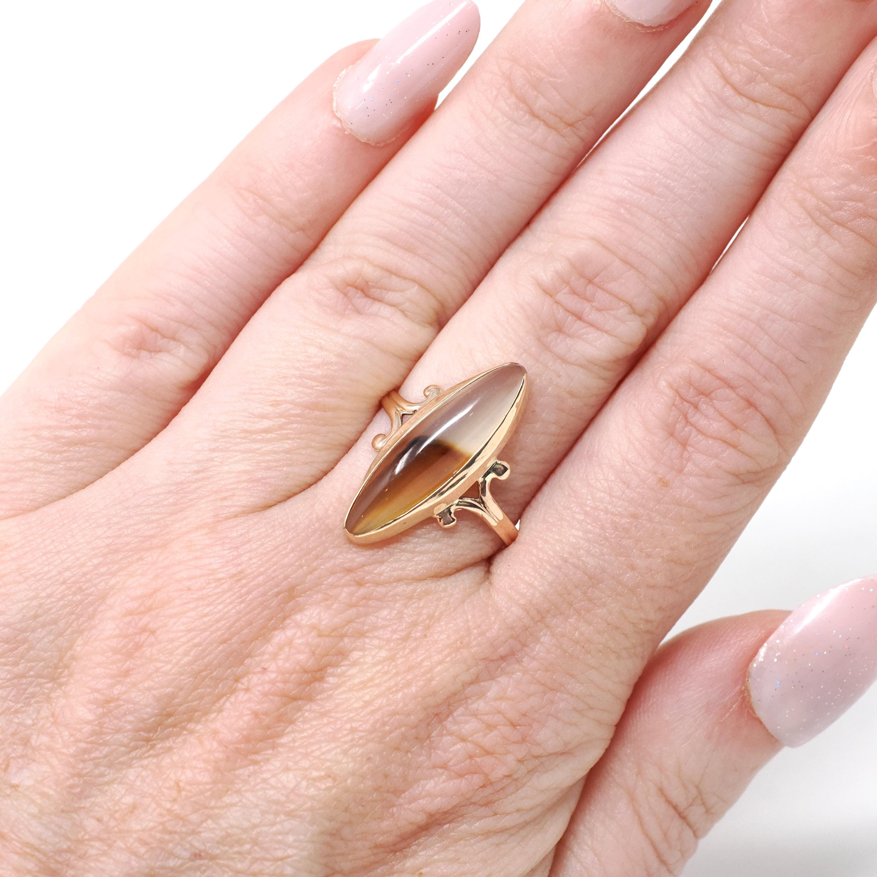 Vintage Agate Ring - Retro 10k Yellow Gold Marquise Cabochon Cut Banded Gemstone - Circa 1940s Size 7 Navette Style Fine Statement Jewelry