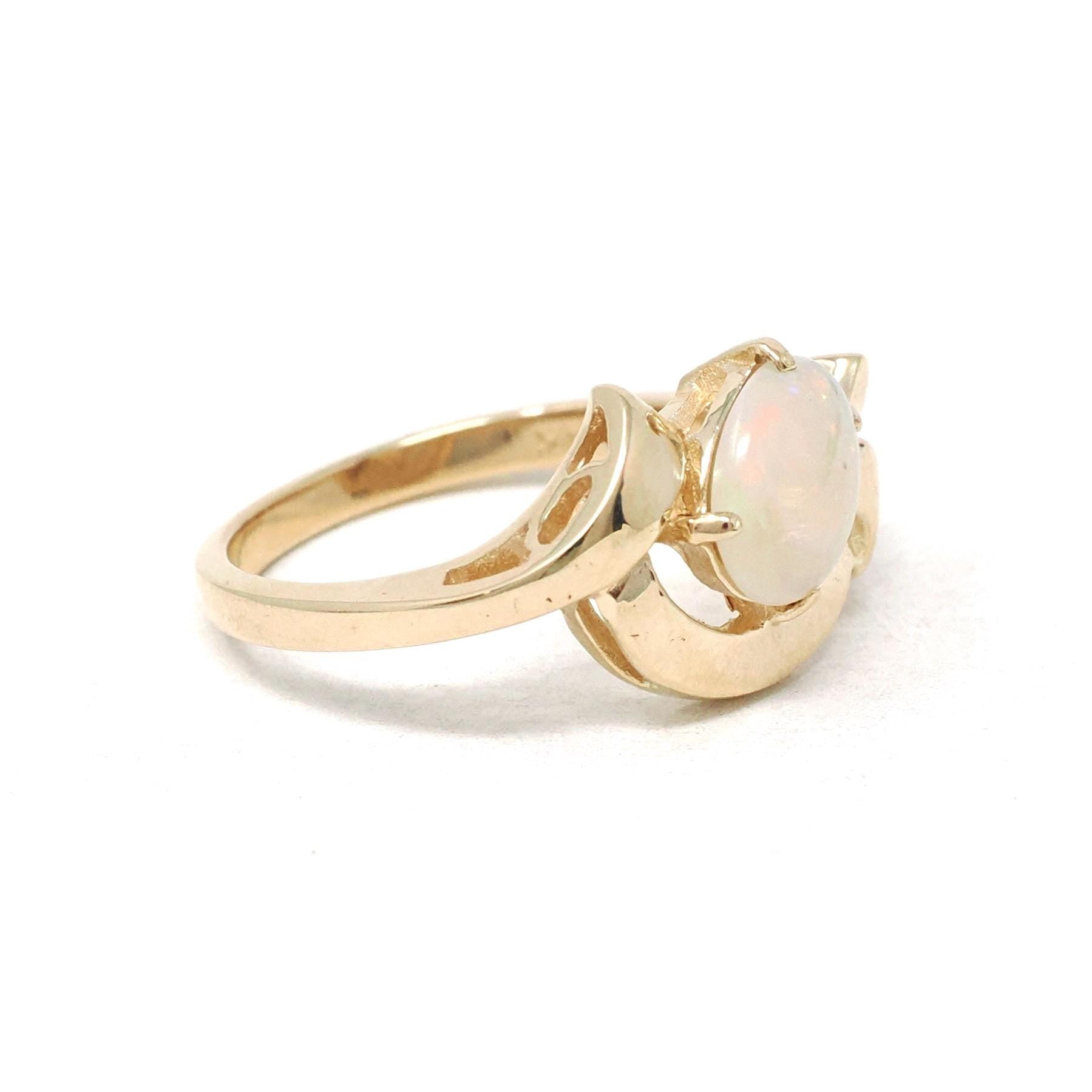 Vintage Opal Ring - Retro 14k Yellow Gold Cabochon Cut Gem Bypass - Circa 1960s Era Size 6 1/4 October Birthstone Fine Ribbon Bow Jewelry