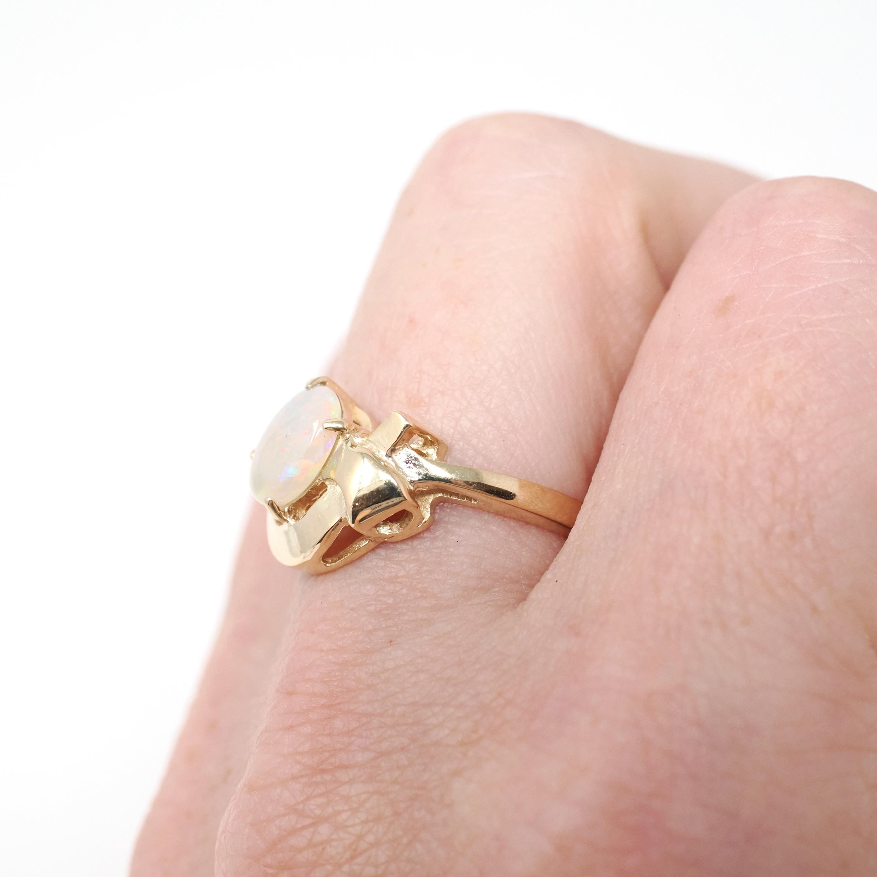 Vintage Opal Ring - Retro 14k Yellow Gold Cabochon Cut Gem Bypass - Circa 1960s Era Size 6 1/4 October Birthstone Fine Ribbon Bow Jewelry
