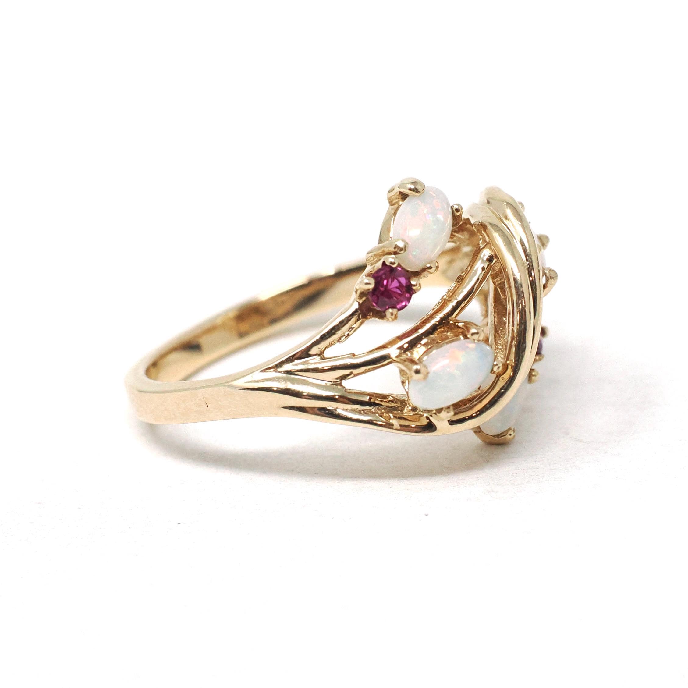 Opal & Ruby Ring - Estate 10k Yellow Gold Natural Cabochon Cut Gemstones - Modern Era Size 6 3/4 October Birthstone Fine Statement Jewelry