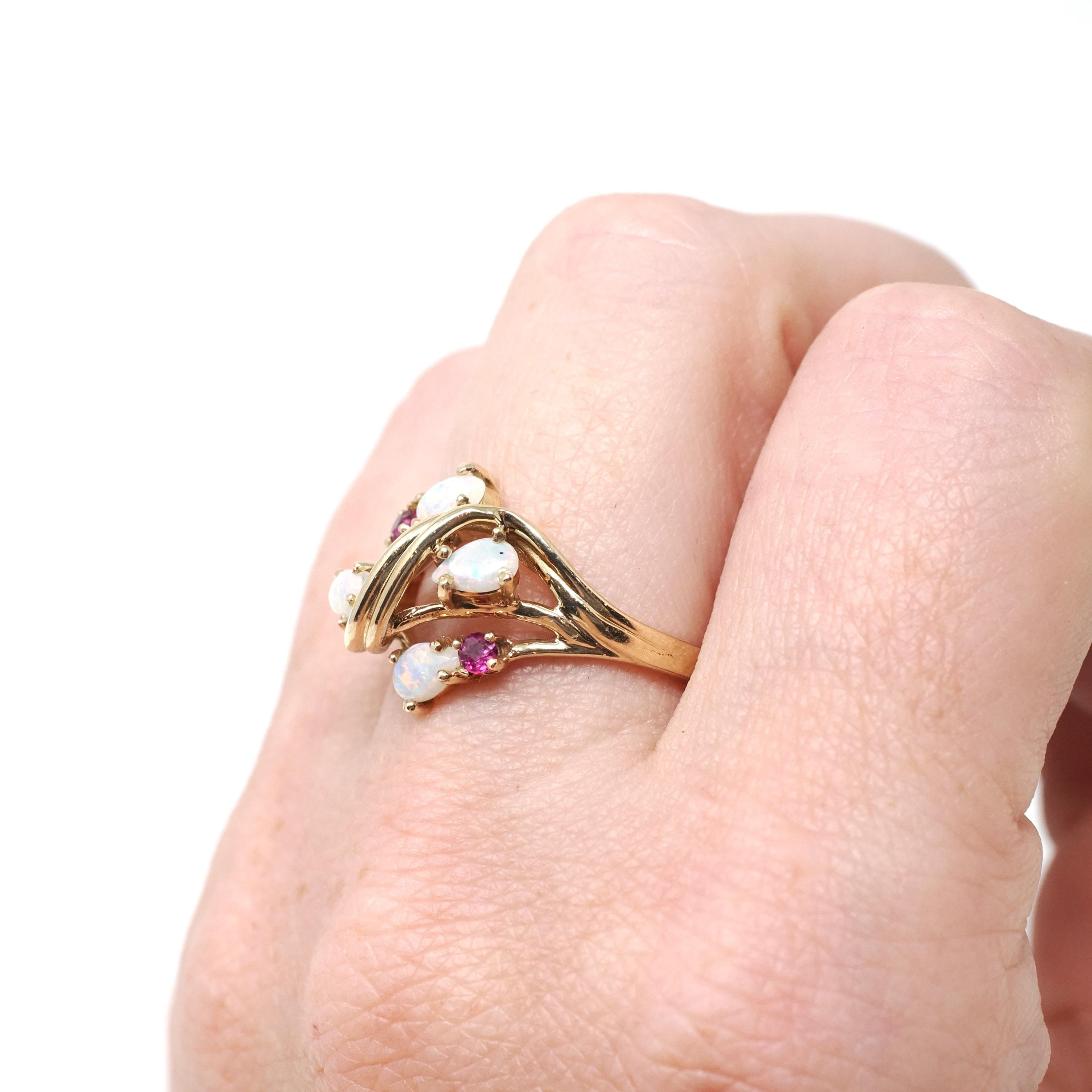 Opal & Ruby Ring - Estate 10k Yellow Gold Natural Cabochon Cut Gemstones - Modern Era Size 6 3/4 October Birthstone Fine Statement Jewelry