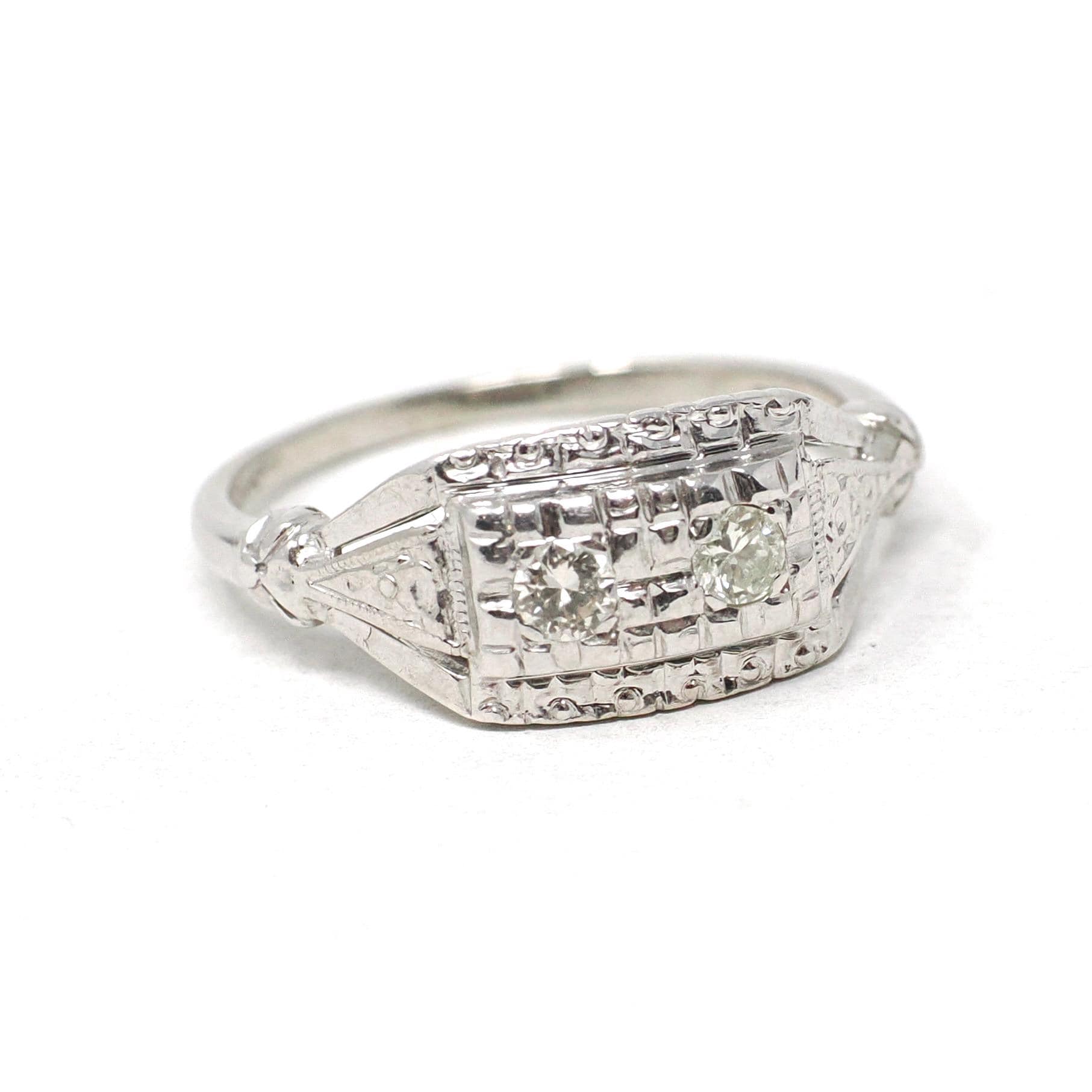 Mid Century Diamond Ring - Vintage 14k White Gold .12 CTW Anniversary Band - Circa 1950s Era Size 6 Illusion Fine Bridal Statement Jewelry