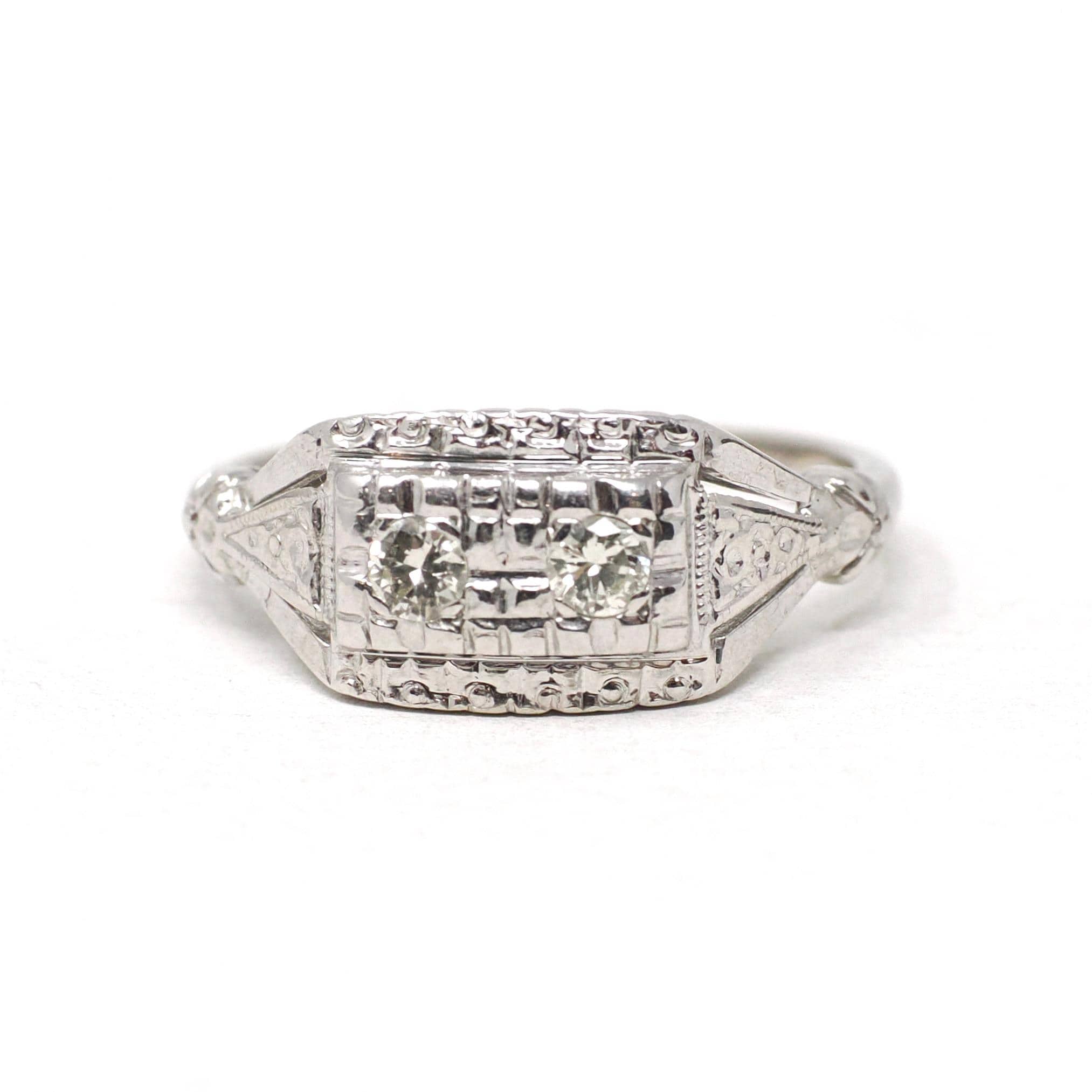 Mid Century Diamond Ring - Vintage 14k White Gold .12 CTW Anniversary Band - Circa 1950s Era Size 6 Illusion Fine Bridal Statement Jewelry
