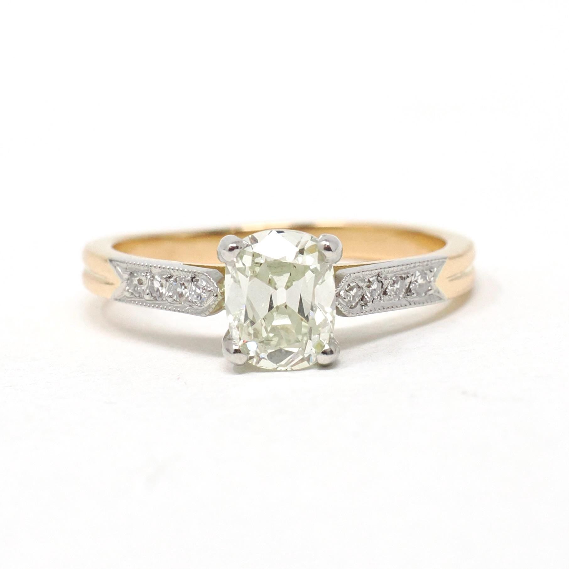 Diamond Engagement Ring - Modern 18k Yellow Gold & Platinum Two Tone French Bridal - Estate Vintage Style Size 6 1/2 GIA Report Fine Jewelry