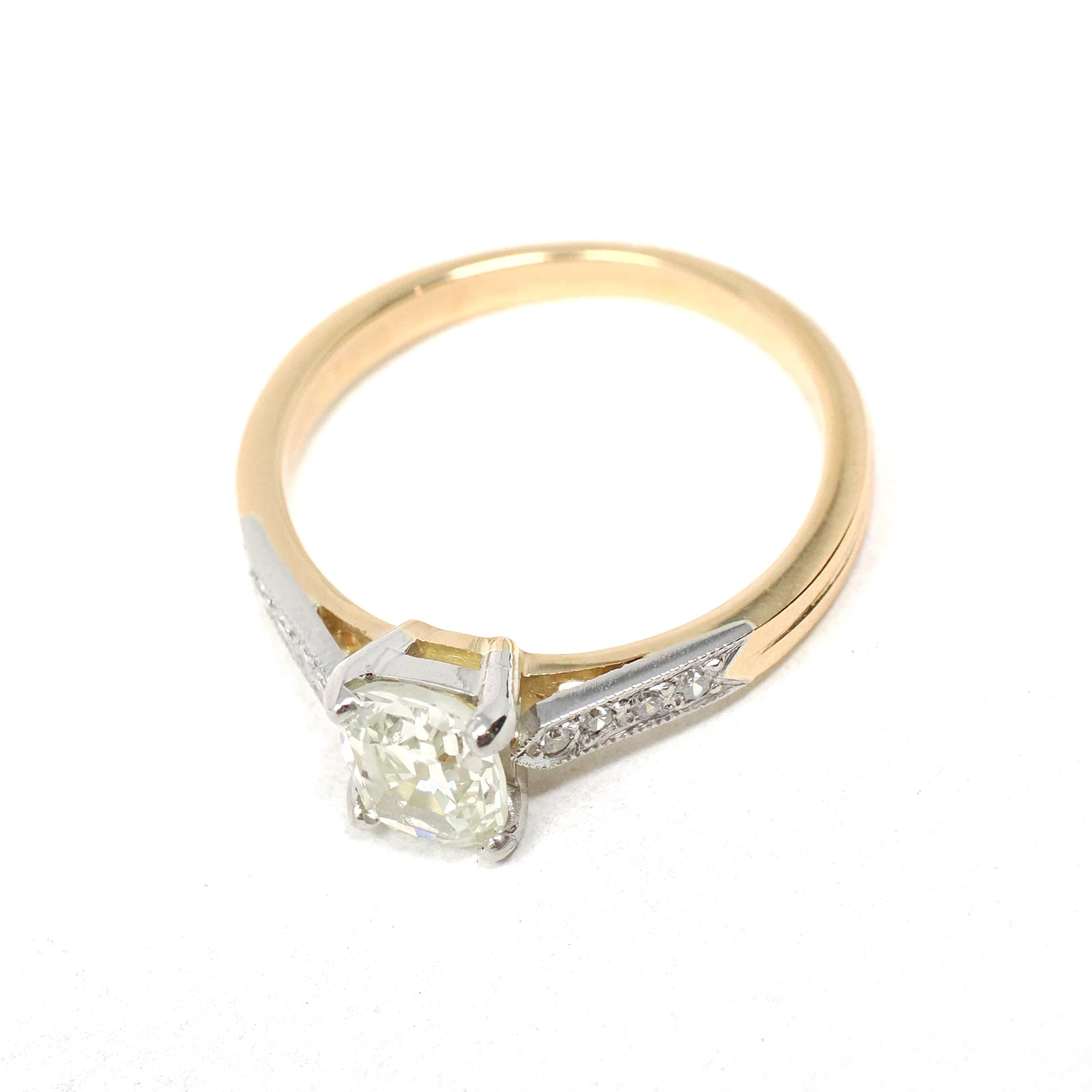 Diamond Engagement Ring - Modern 18k Yellow Gold & Platinum Two Tone French Bridal - Estate Vintage Style Size 6 1/2 GIA Report Fine Jewelry