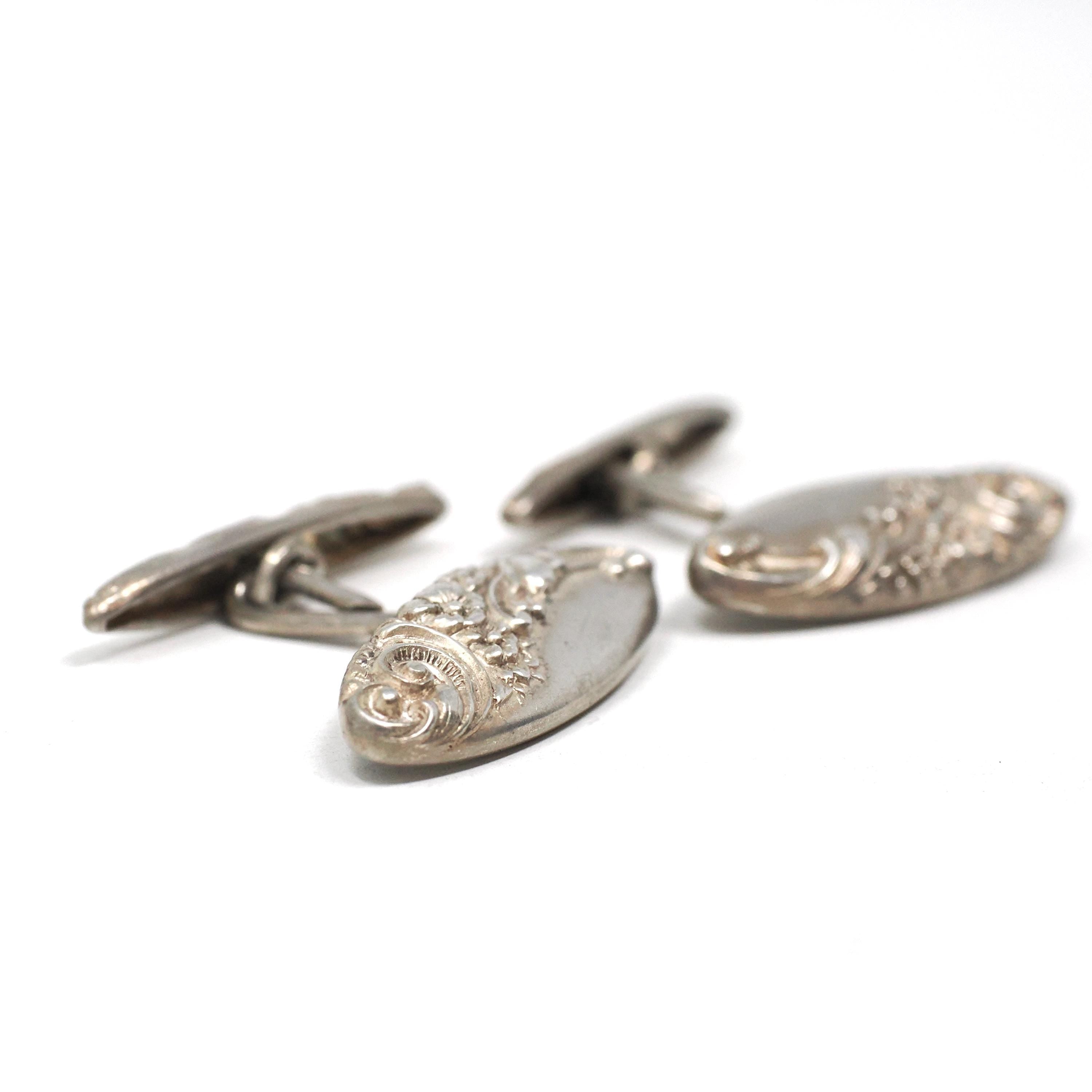 Edwardian Cufflinks - Vintage Sterling Silver Matched Repousse Navette Plate Design - Circa 1900s Set of 2 Scroll Links Fine Unisex Jewelry