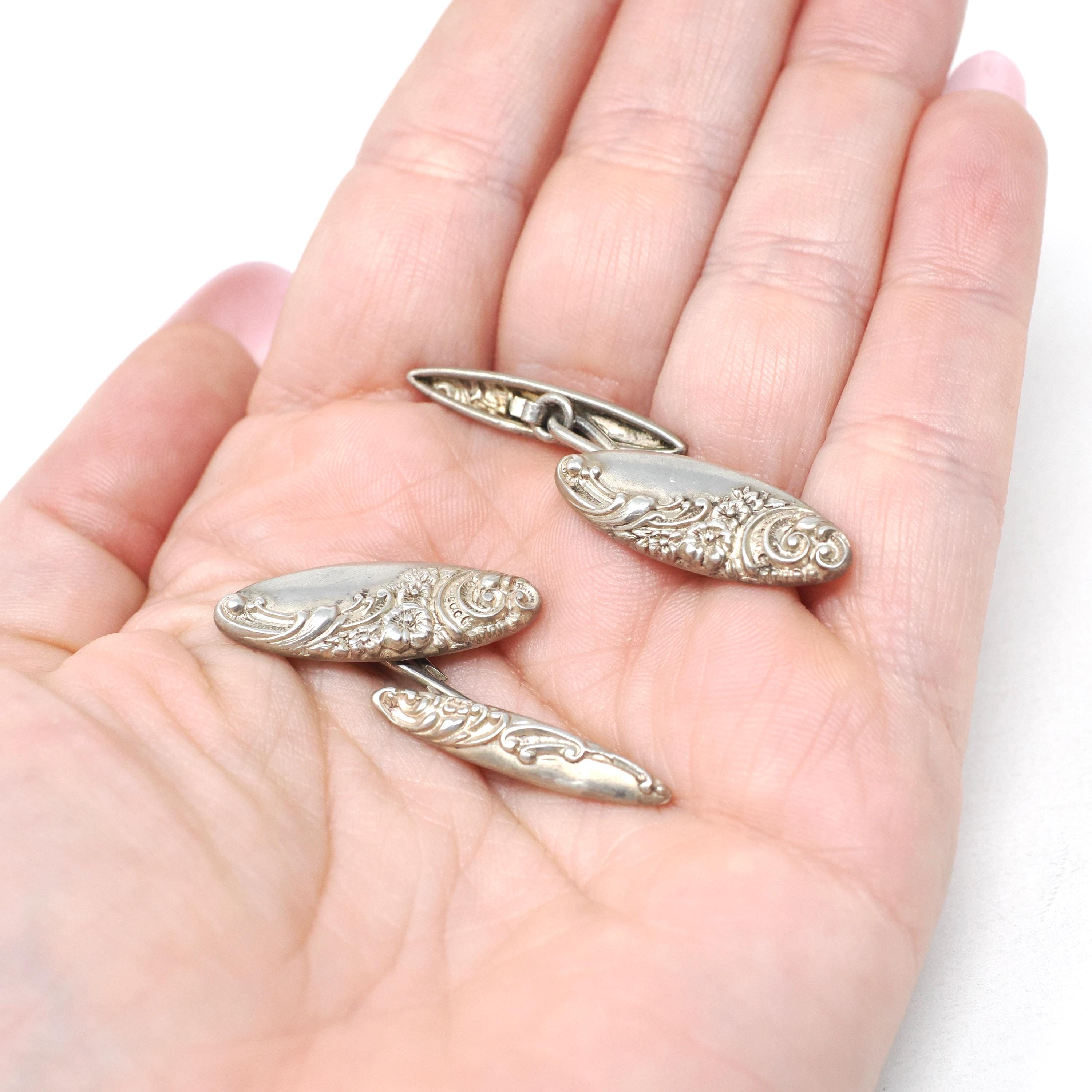 Edwardian Cufflinks - Vintage Sterling Silver Matched Repousse Navette Plate Design - Circa 1900s Set of 2 Scroll Links Fine Unisex Jewelry