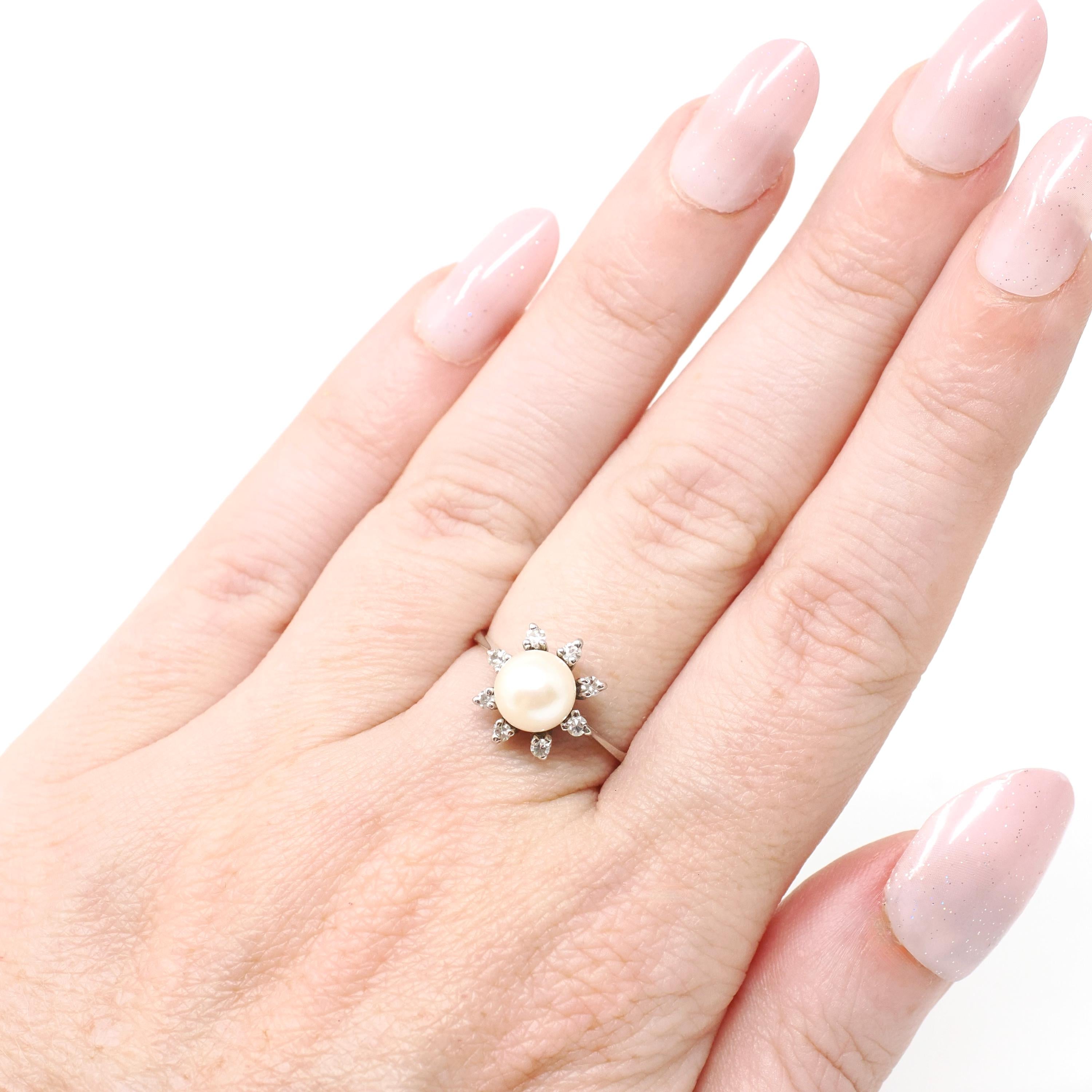 Vintage Pearl Ring - Mid Century Era 14k White Gold Cultured Organic Gem & .16 CTW Diamond Accents - Circa 1960s Size 5.75 Star Halo Jewelry