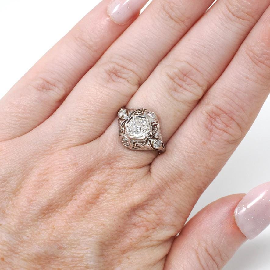 Vintage Diamond Ring - Art Deco 14k White Gold Natural .66 CTW Dome - Circa 1930s Era Size 5 3/4 Engagement Filigree Hexagonal Fine Jewelry