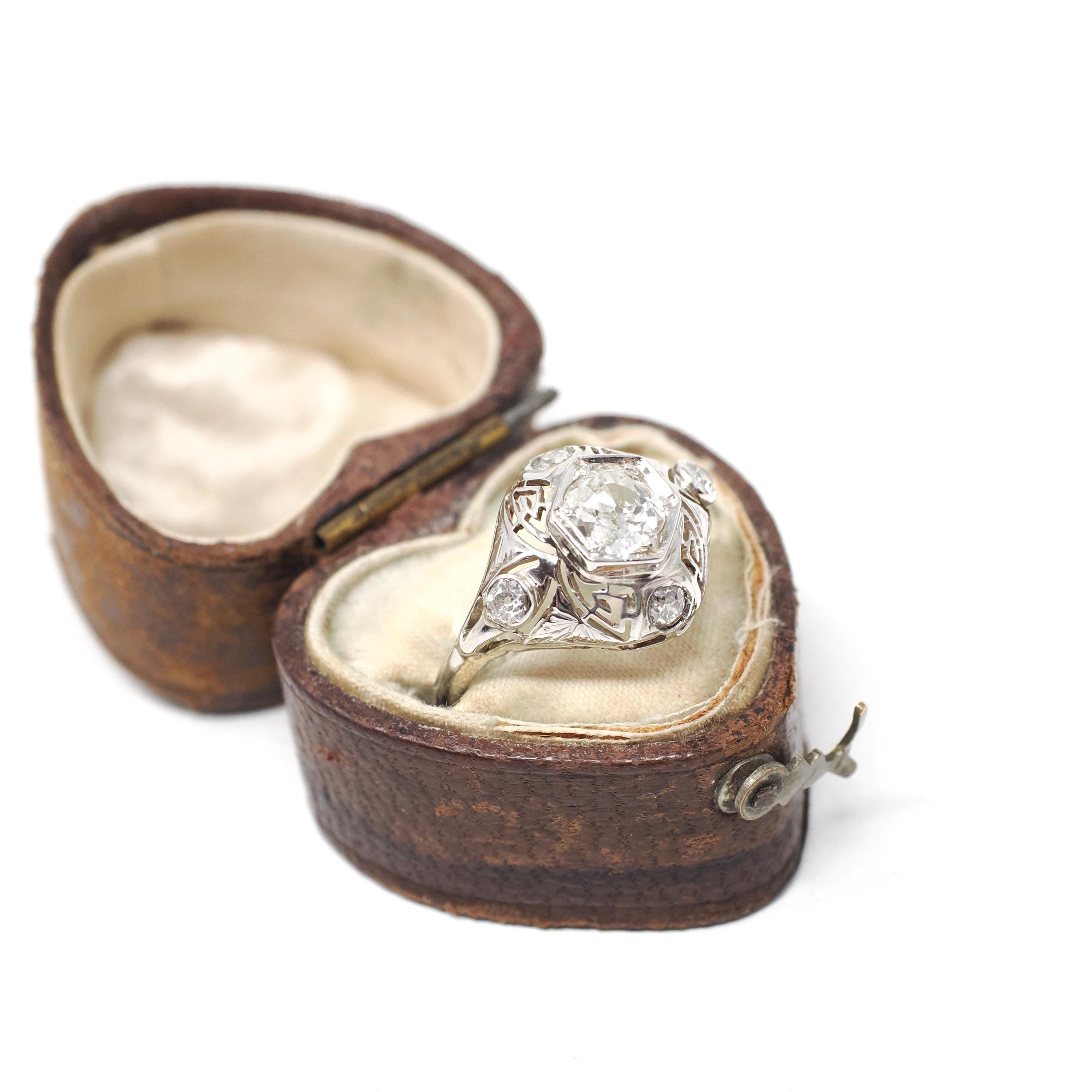 Vintage Diamond Ring - Art Deco 14k White Gold Natural .66 CTW Dome - Circa 1930s Era Size 5 3/4 Engagement Filigree Hexagonal Fine Jewelry