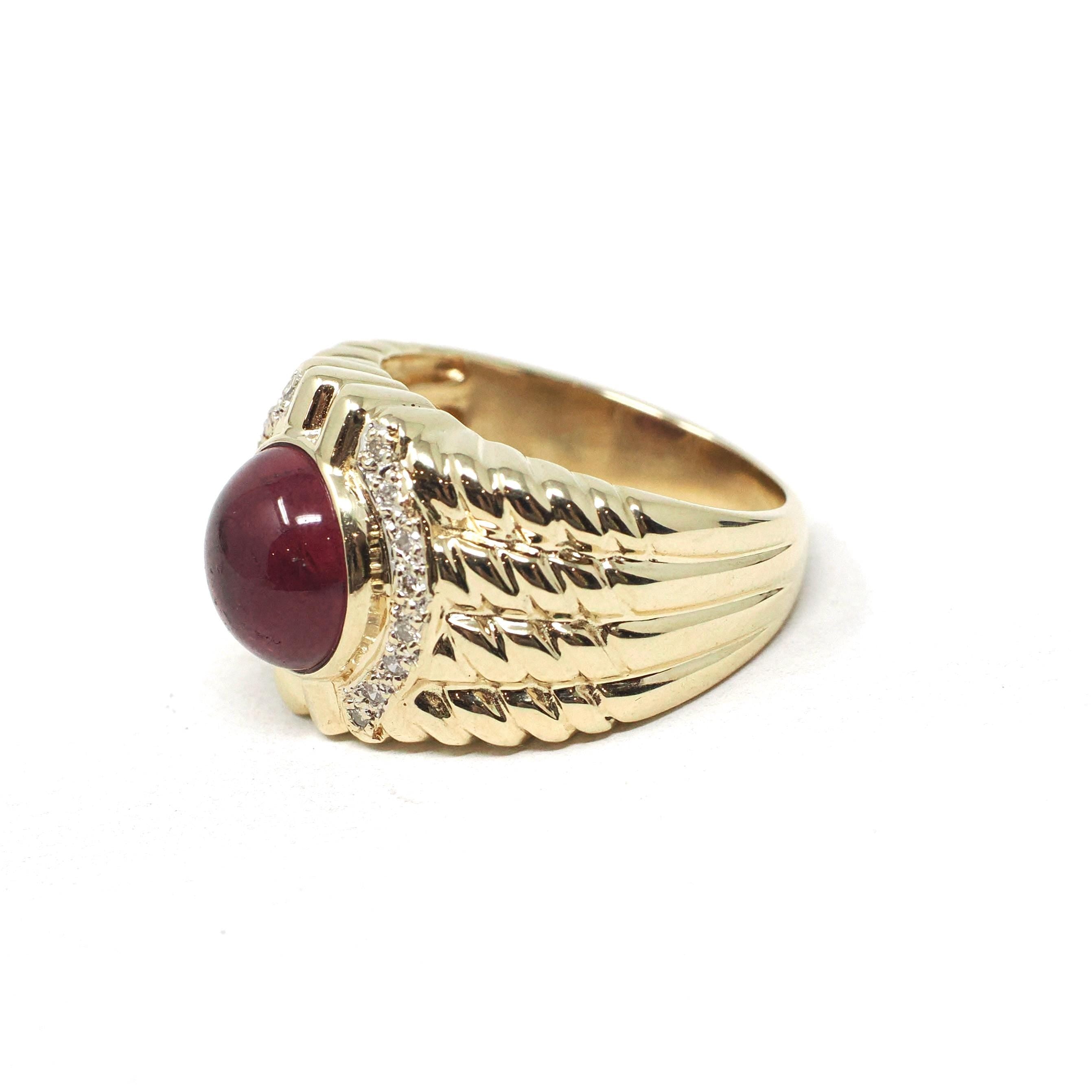 Pink Tourmaline Ring - Modern Era 14k Yellow Gold Natural Round Cabochon Gemstone Statement - Estate Size 6 October Birthstone Fine Jewelry