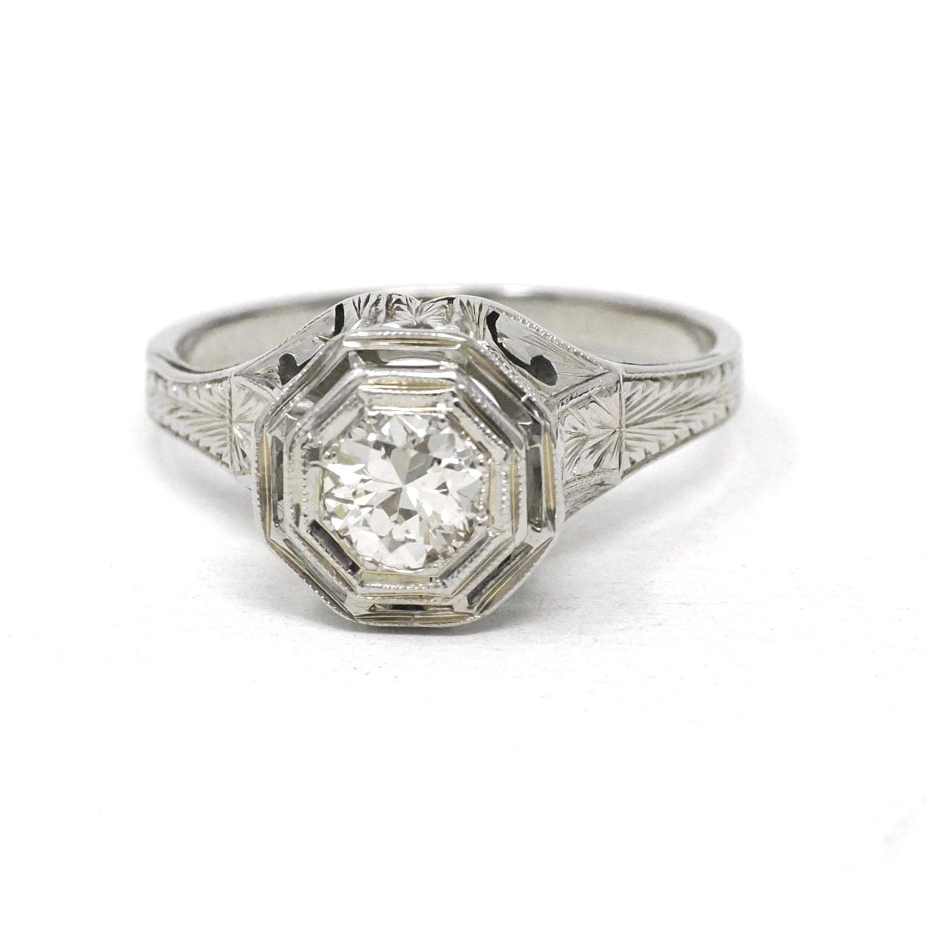 Antique Diamond Ring - Art Deco 18k White Gold Natural .50 CT Engagement - Circa 1920s Size 8 Filigree Belais Tall Basket Fine 20s Jewelry