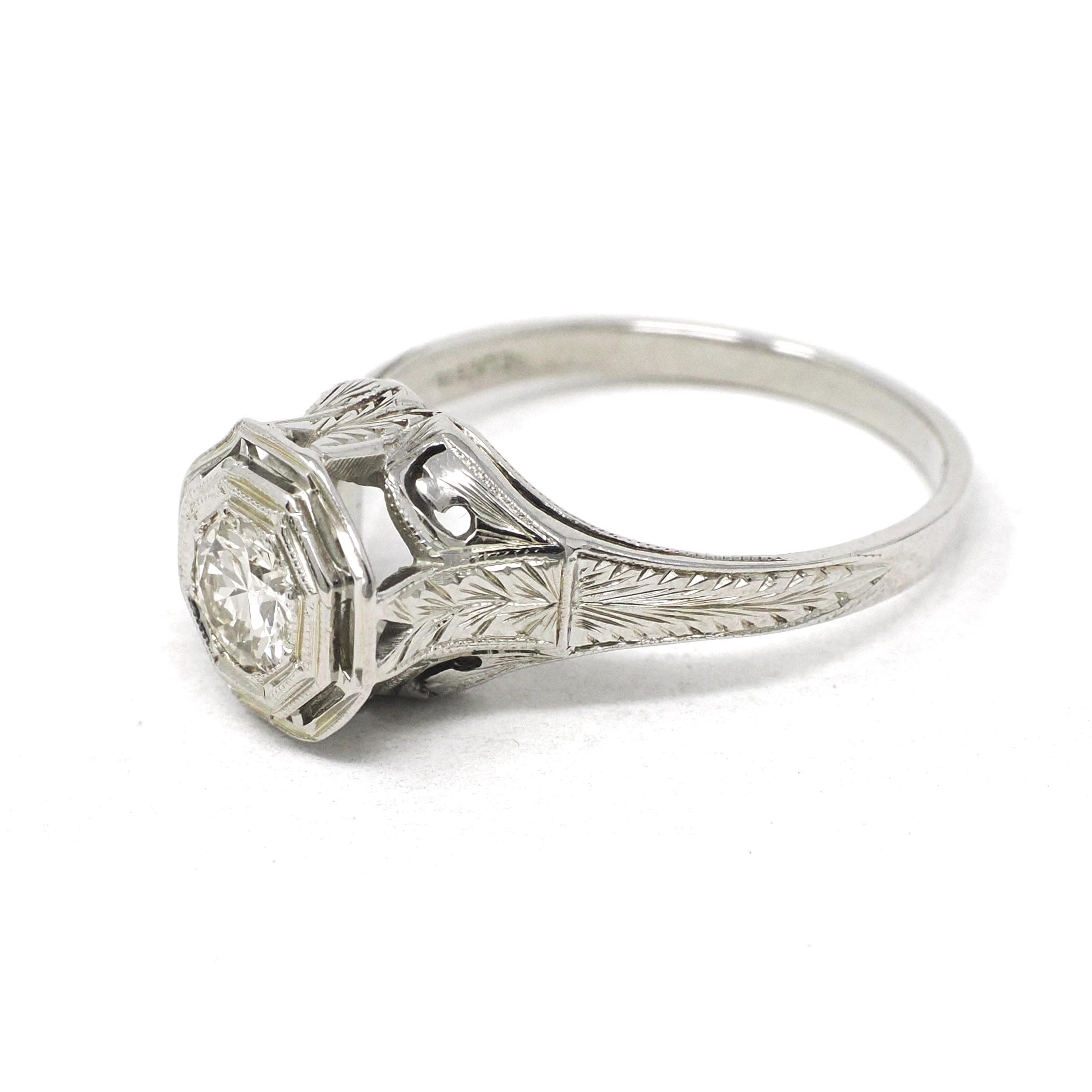 Antique Diamond Ring - Art Deco 18k White Gold Natural .50 CT Engagement - Circa 1920s Size 8 Filigree Belais Tall Basket Fine 20s Jewelry