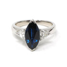 Sapphire & Diamond Ring - Estate Platinum Natural Blue Marquise Corundum Trillion Engagement - Modern Era Three Stone Navette Fine Jewelry