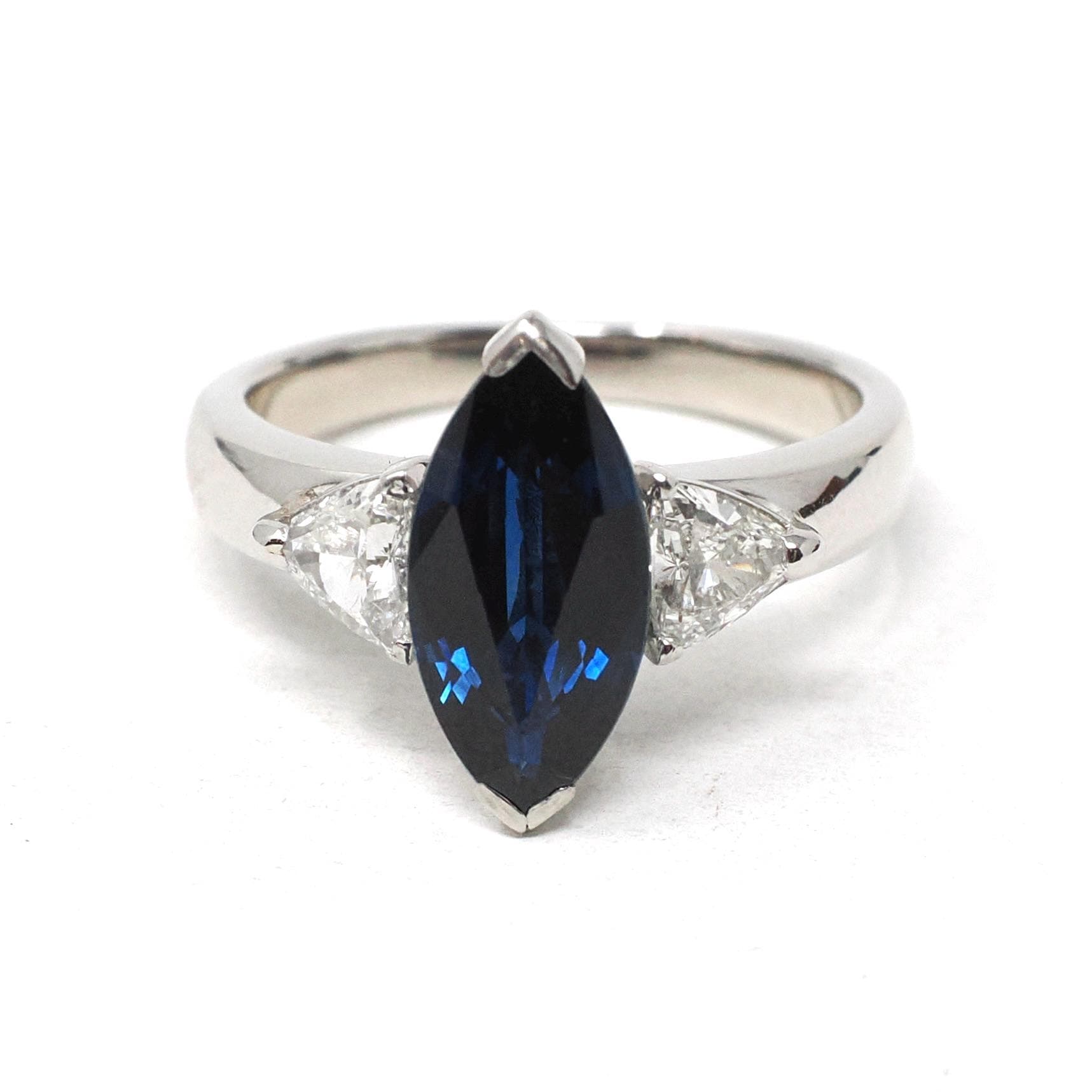 Sapphire & Diamond Ring - Estate Platinum Natural Blue Marquise Corundum Trillion Engagement - Modern Era Three Stone Navette Fine Jewelry