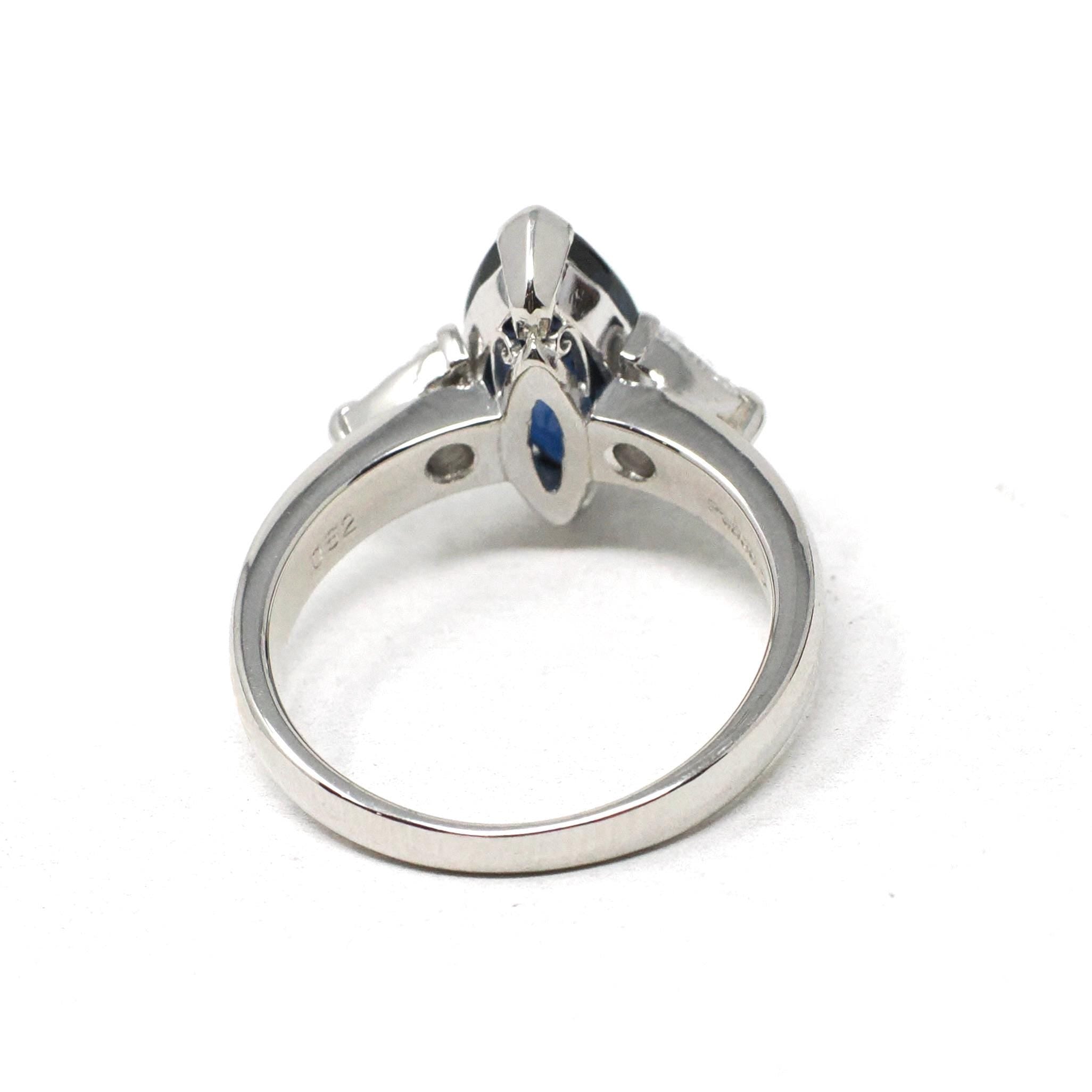 Sapphire & Diamond Ring - Estate Platinum Natural Blue Marquise Corundum Trillion Engagement - Modern Era Three Stone Navette Fine Jewelry