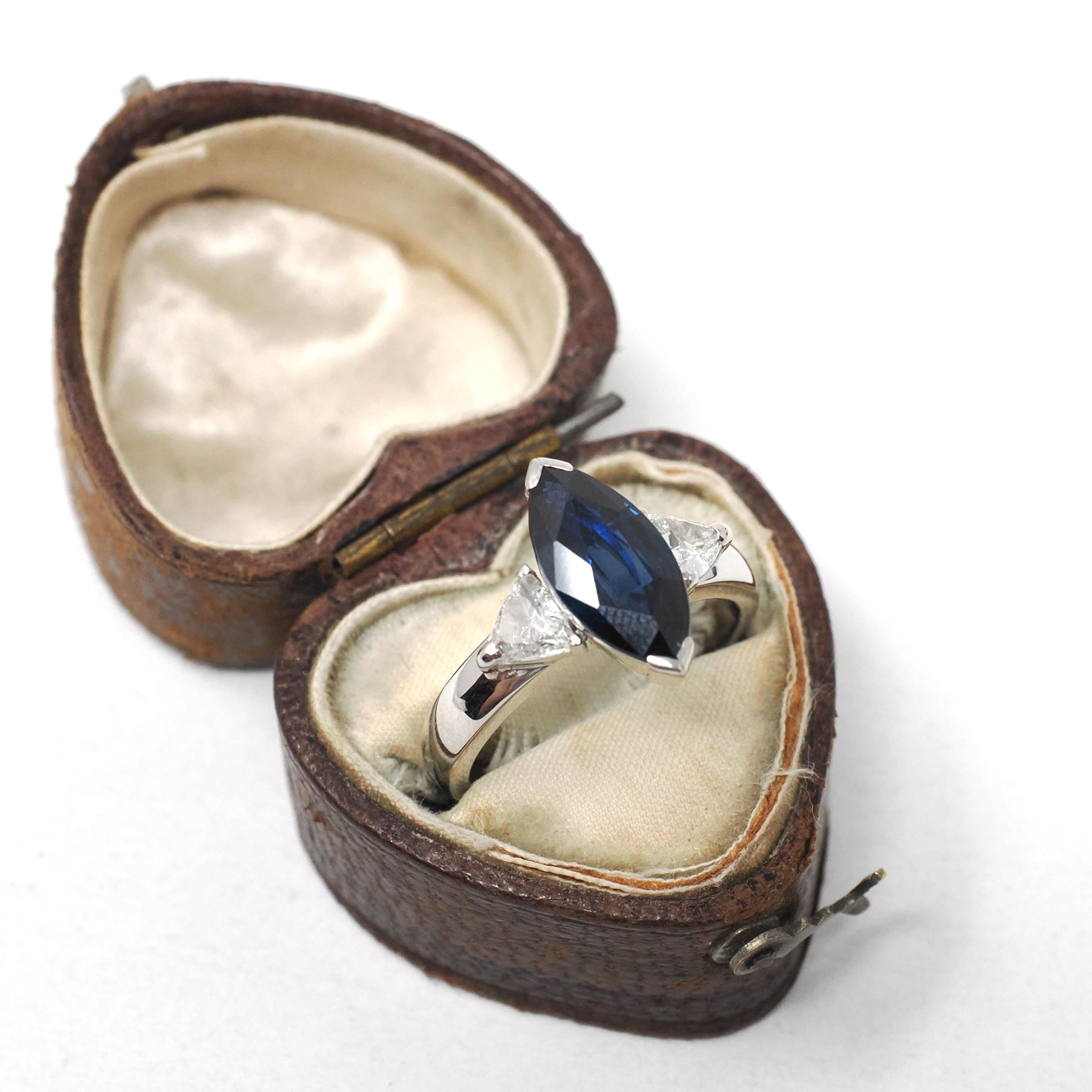 Sapphire & Diamond Ring - Estate Platinum Natural Blue Marquise Corundum Trillion Engagement - Modern Era Three Stone Navette Fine Jewelry