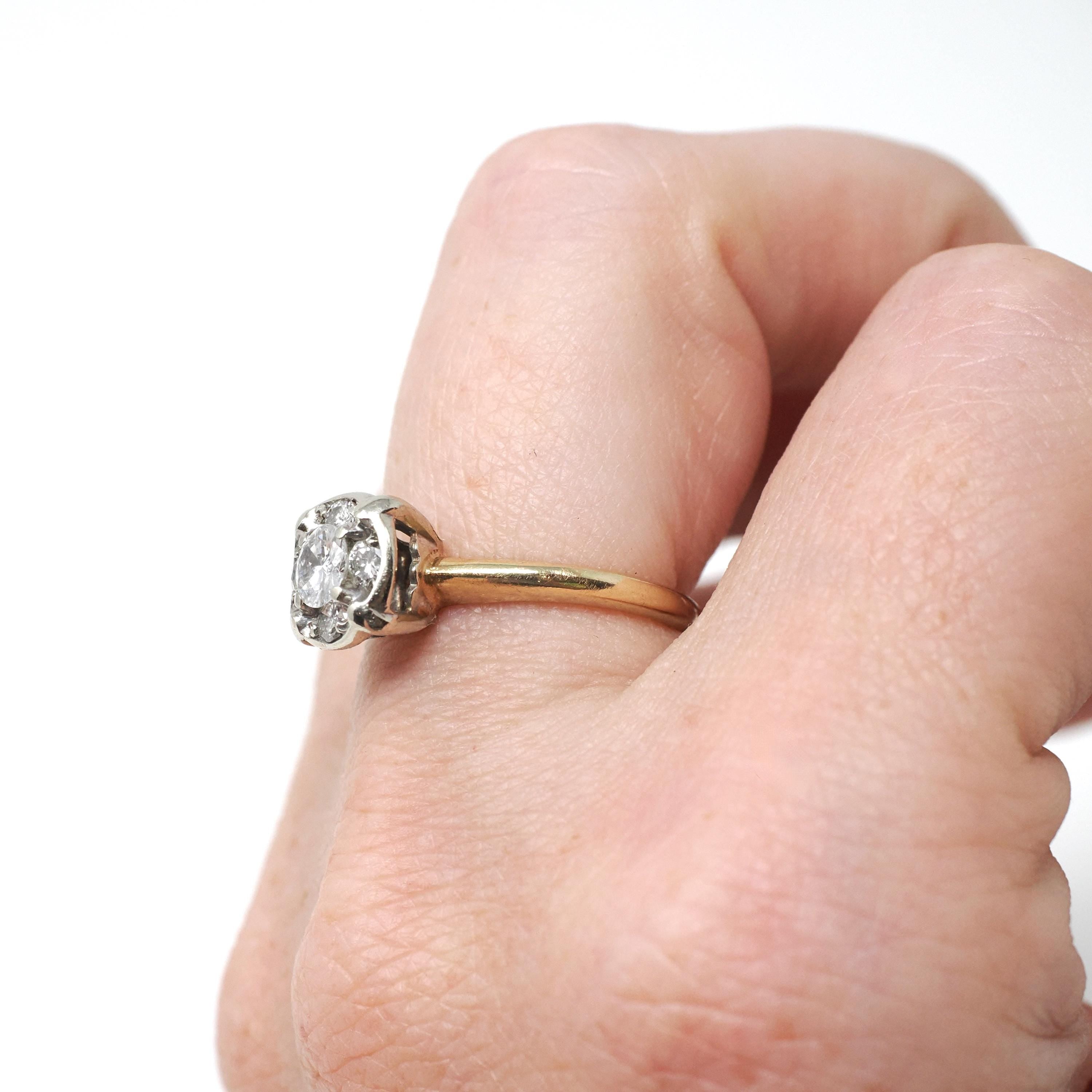 Vintage Diamond Ring - Mid Century 14k Yellow & White Gold Natural .50 CTW Clustered Engagement - Circa 1940s Size 5.5 Illusion Fine Jewelry