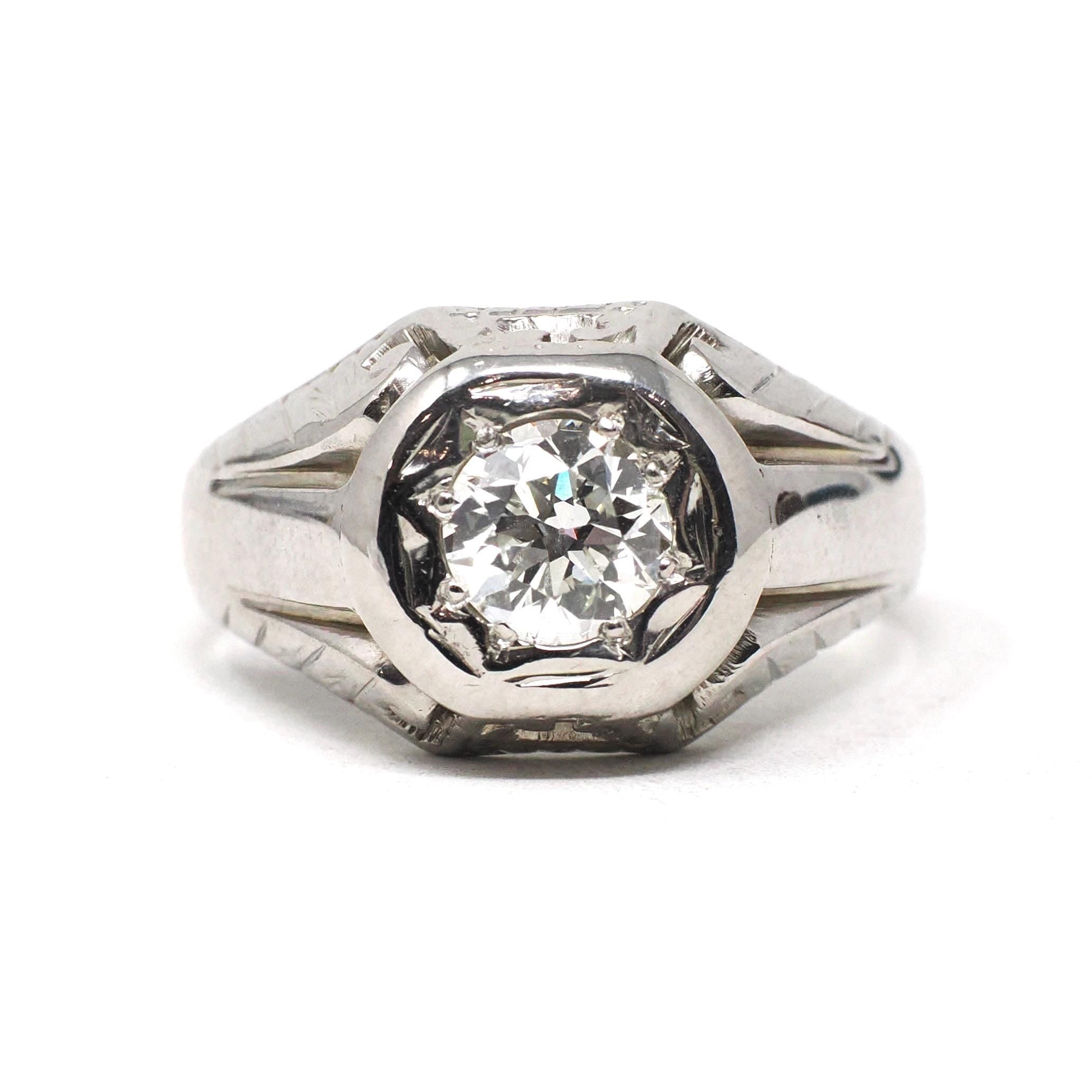 Art Deco Diamond Ring - Vintage 14k White Gold .70 CT Star Incised Unisex Engagement - Circa 1930s Era Size 7 Fine Sun Bridal Jewelry