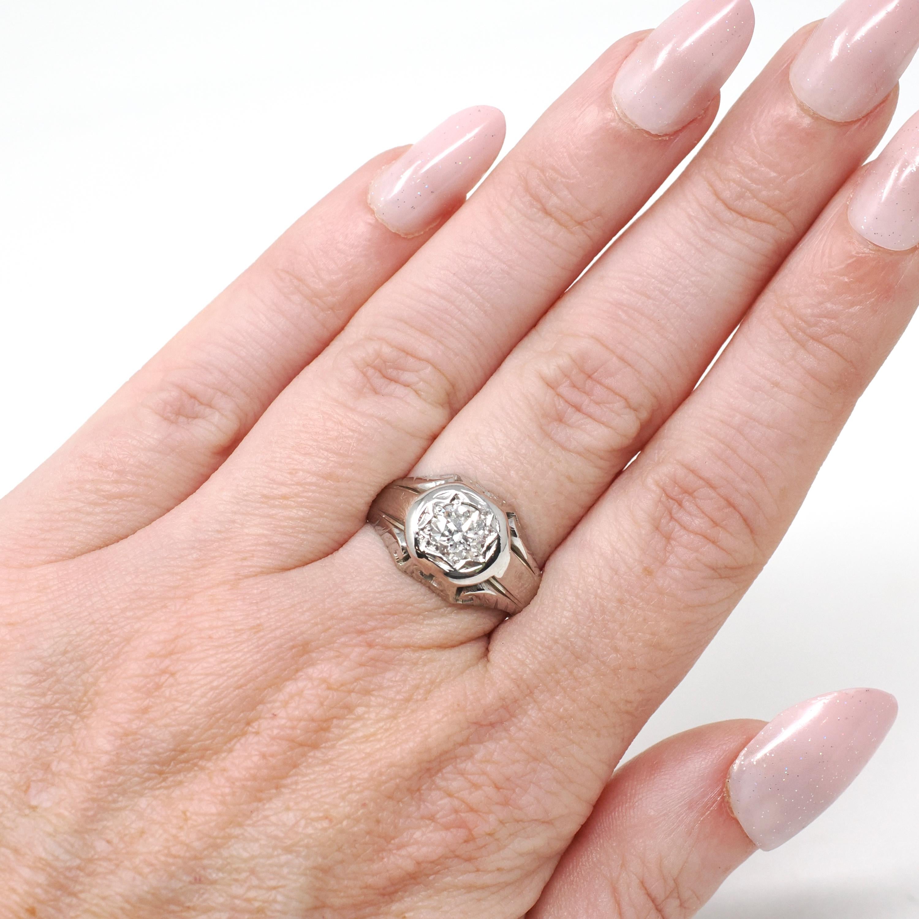 Art Deco Diamond Ring - Vintage 14k White Gold .70 CT Star Incised Unisex Engagement - Circa 1930s Era Size 7 Fine Sun Bridal Jewelry
