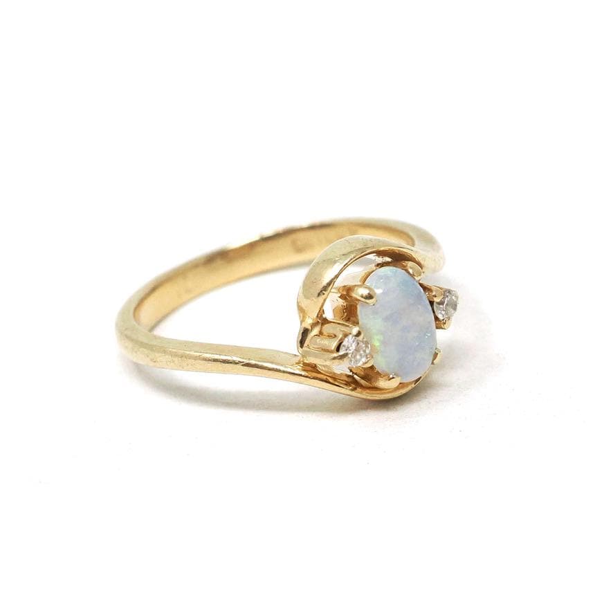 Opal & Diamond Ring - Modern 14k Yellow Gold Natural Oval Cabochon Cut Gemstone Bypass - Estate Circa 2000's Era Size 4 1/4 Fine Jewelry
