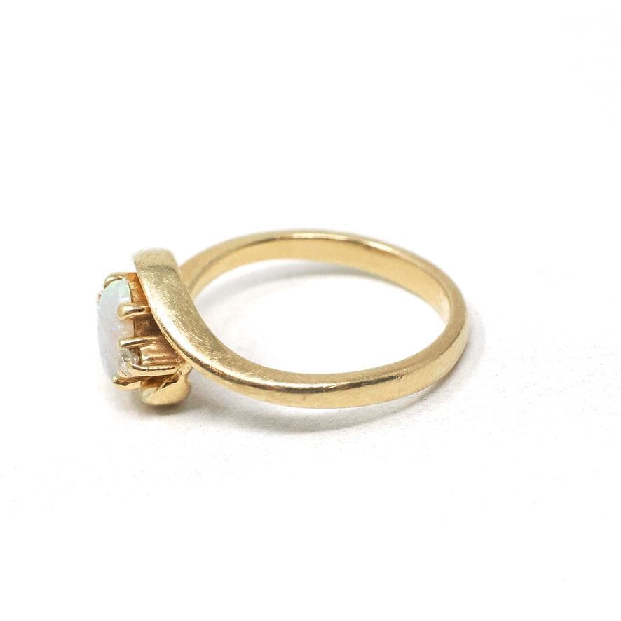 Opal & Diamond Ring - Modern 14k Yellow Gold Natural Oval Cabochon Cut Gemstone Bypass - Estate Circa 2000's Era Size 4 1/4 Fine Jewelry