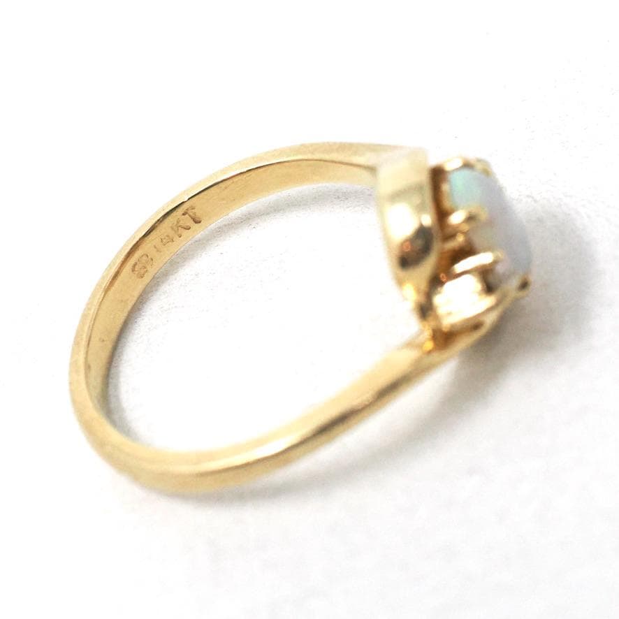 Opal & Diamond Ring - Modern 14k Yellow Gold Natural Oval Cabochon Cut Gemstone Bypass - Estate Circa 2000's Era Size 4 1/4 Fine Jewelry