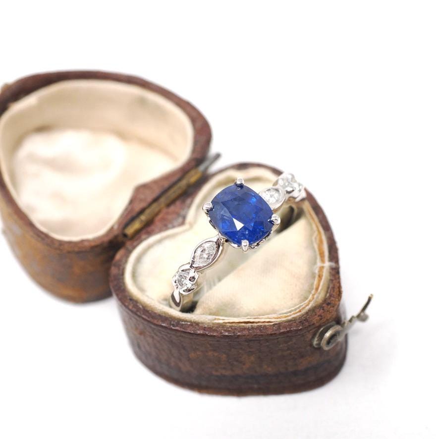 Sapphire & Diamond Ring - Estate Platinum Natural Blue Cushion Cut Gemstone Engagement - Modern Era 2000s Anniversary Bridal Fine Jewelry