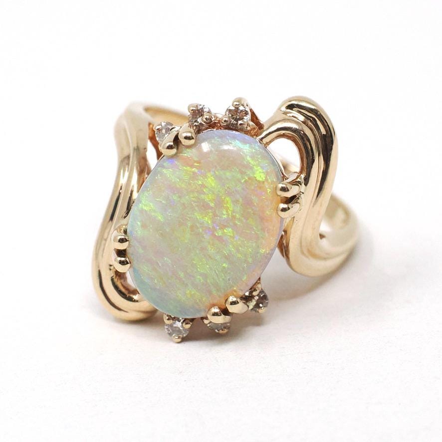 Vintage Opal & Diamond Ring - Estate 14k Yellow Gold Natural Oval Cabochon Gemstone - Modern Circa 1980s Size 9 Bypass Cocktail Fine Jewelry