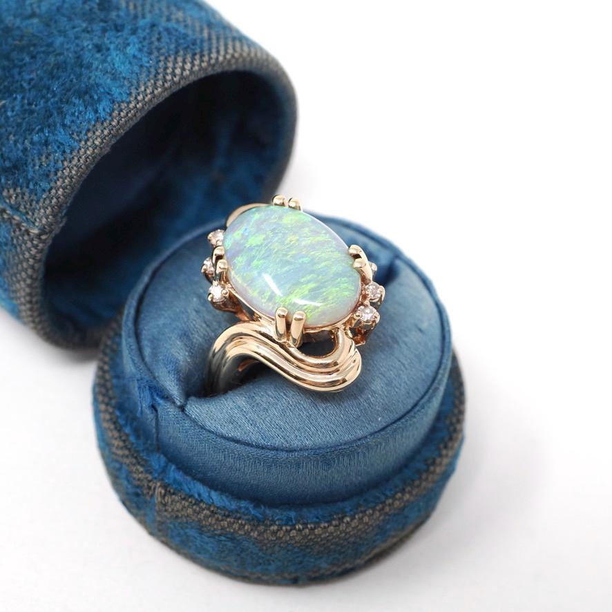 Vintage Opal & Diamond Ring - Estate 14k Yellow Gold Natural Oval Cabochon Gemstone - Modern Circa 1980s Size 9 Bypass Cocktail Fine Jewelry