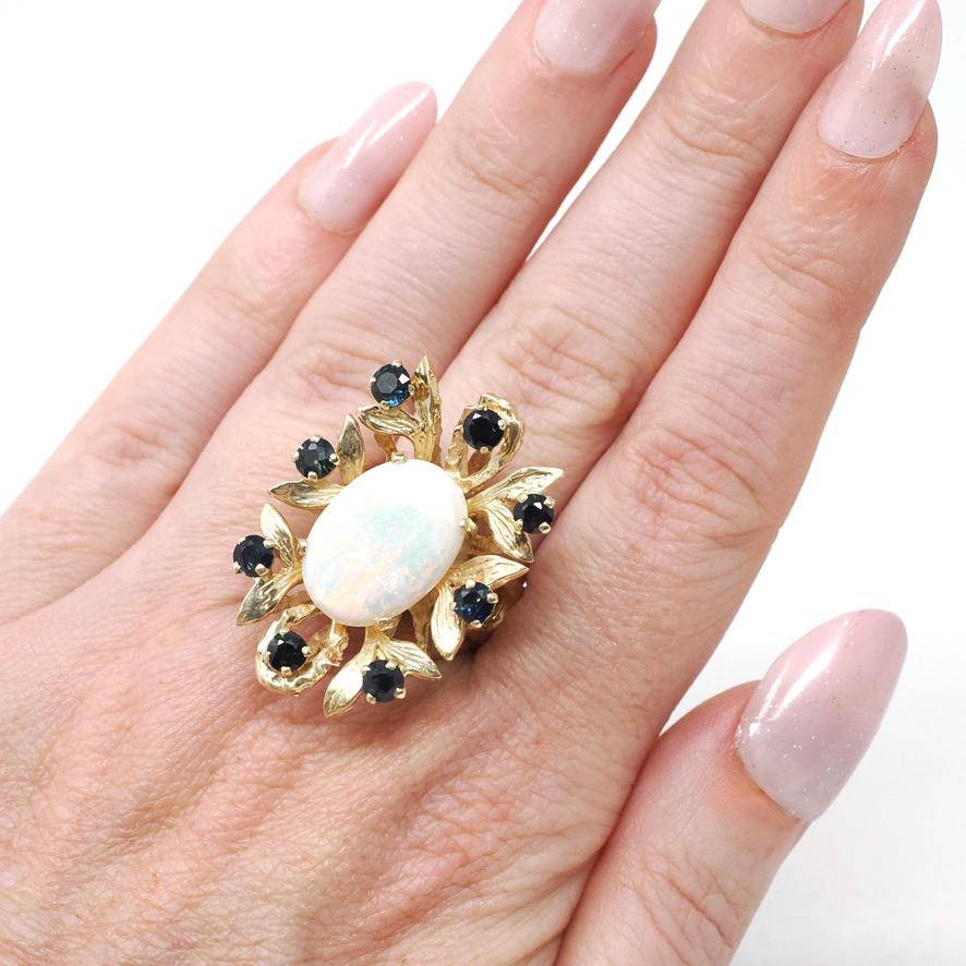 Vintage Opal & Sapphire Ring - Estate 14k Yellow Gold Statement Leaf Flower - Circa 1980s Era Size 5 1/2 Halo Brutalist Style Fine Jewelry