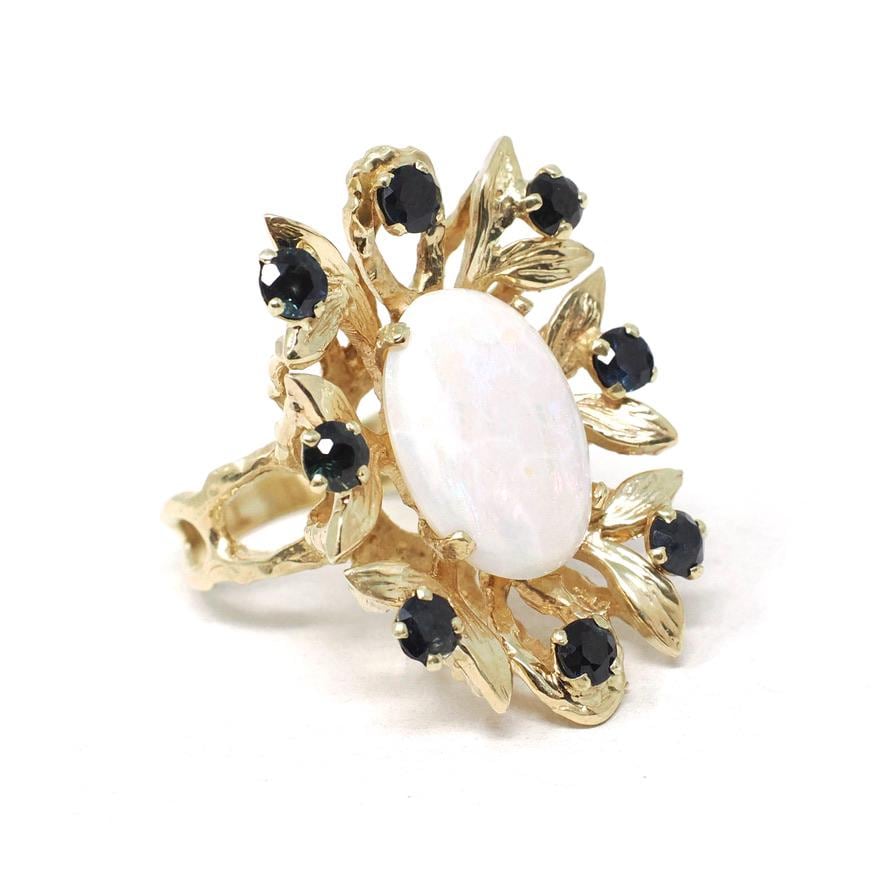 Vintage Opal & Sapphire Ring - Estate 14k Yellow Gold Statement Leaf Flower - Circa 1980s Era Size 5 1/2 Halo Brutalist Style Fine Jewelry