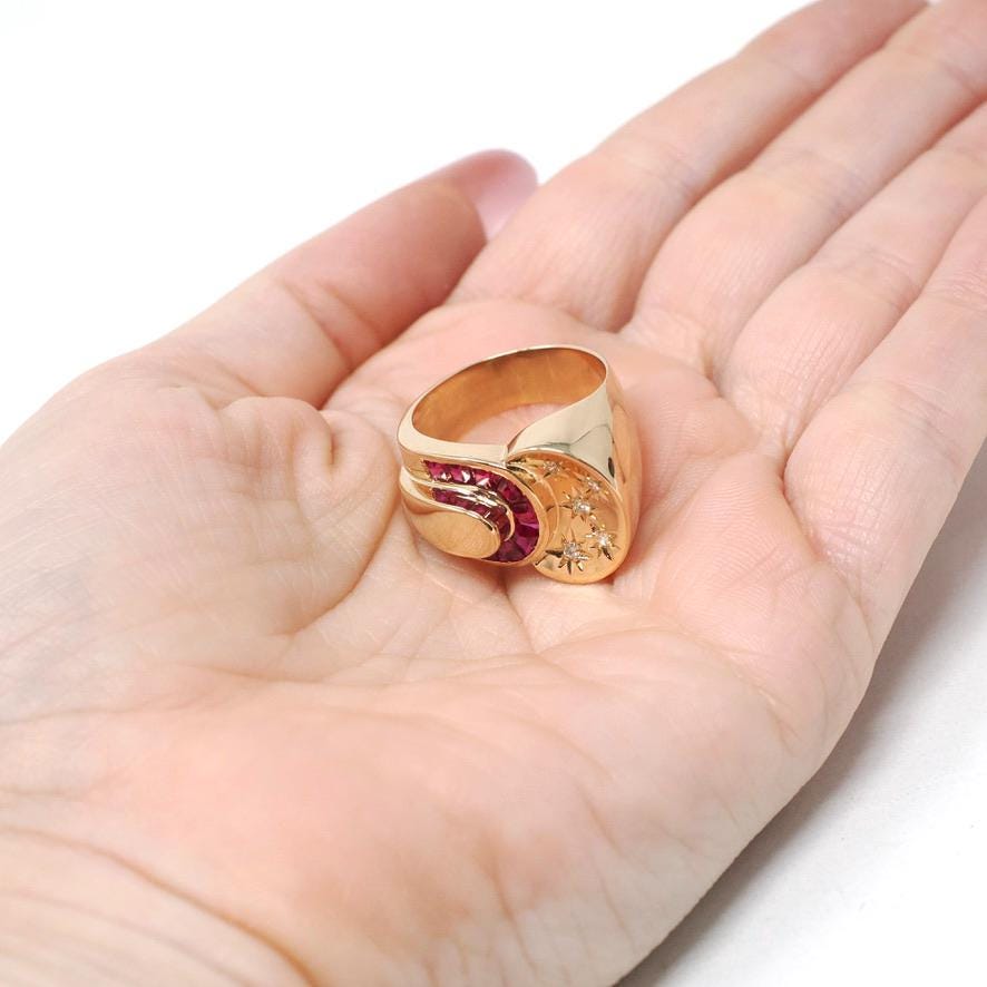 Viintage Cocktail Ring - Retro 18k Rose Gold Star Incised Natural Diamonds Created Rubies - Circa 1960s Era Size 8 1/4 Buckle Fine Jewelry