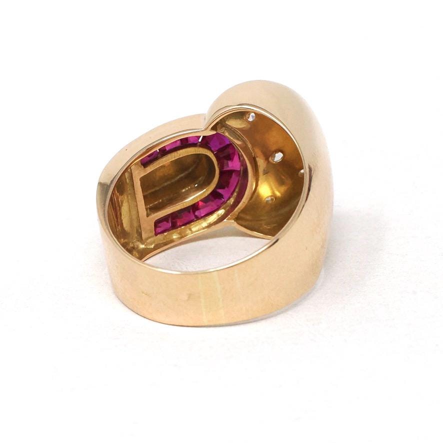 Viintage Cocktail Ring - Retro 18k Rose Gold Star Incised Natural Diamonds Created Rubies - Circa 1960s Era Size 8 1/4 Buckle Fine Jewelry