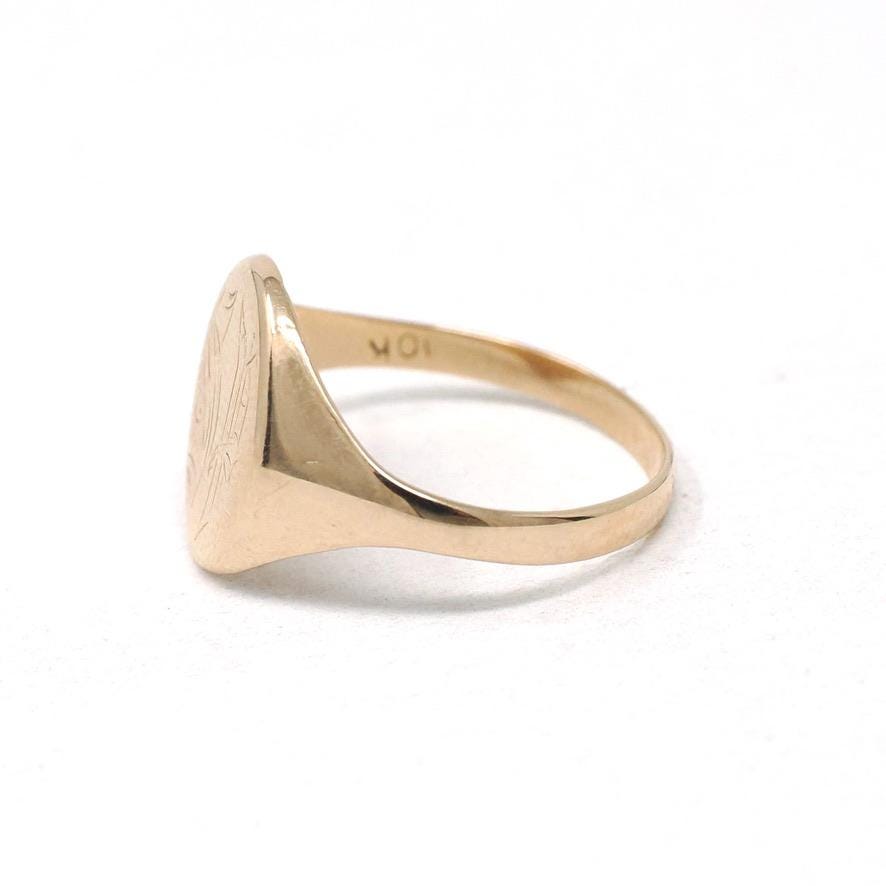 Edwardian Signet Ring - Antique 10k Yellow Gold Oval Engraved SP Pinky Midi Band - Circa 1910s Size 3 1/2 Fine Personal Statement Jewelry