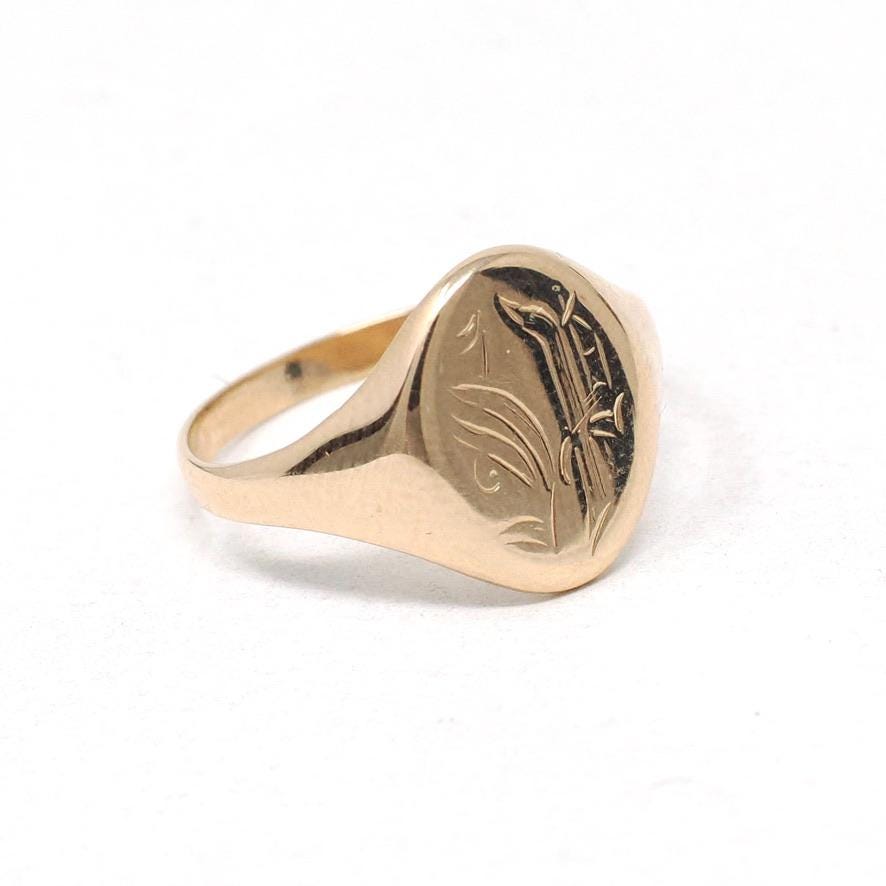Edwardian Signet Ring - Antique 10k Yellow Gold Oval Engraved SP Pinky Midi Band - Circa 1910s Size 3 1/2 Fine Personal Statement Jewelry