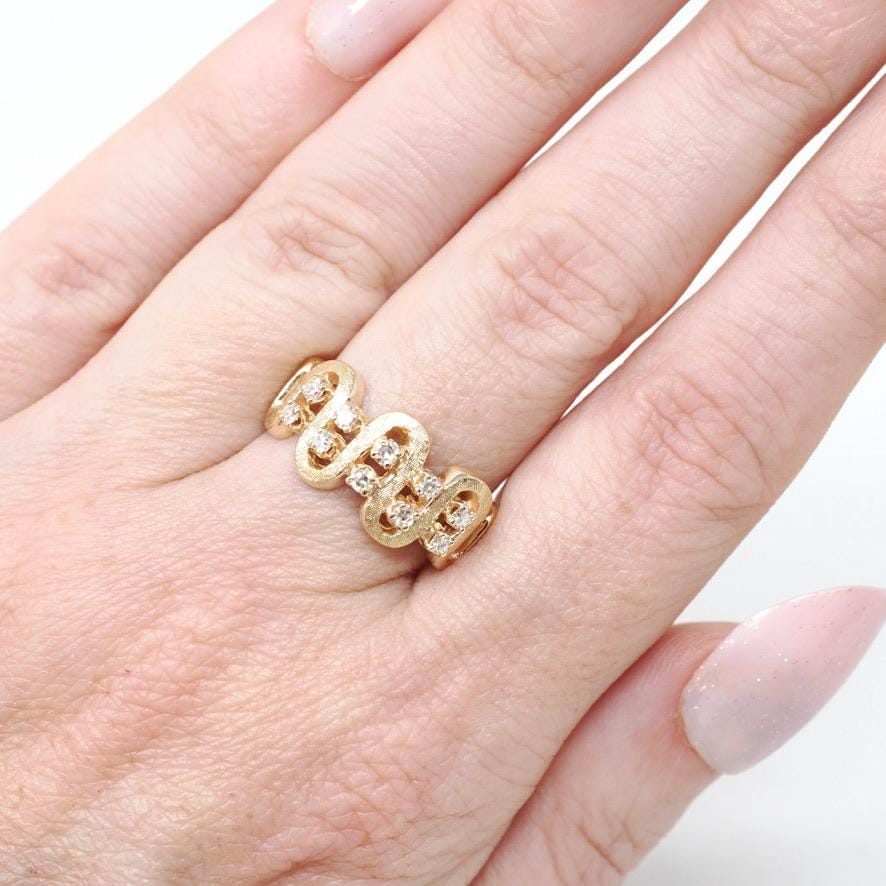 Vintage Diamond Ring - Retro 14k Yellow Gold Natural .25 CTW Wave Statement Band - Circa 1970s Era Size 6 1/2 Abstract Snake Fine Jewelry