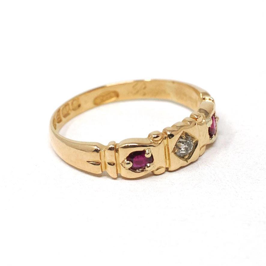 Antique Ruby & Diamond Band - Edwardian 18k Yellow Gold Natural Red And White Gemstone Ring - English Hallmark 1900s Size 7 Fine Jewelry