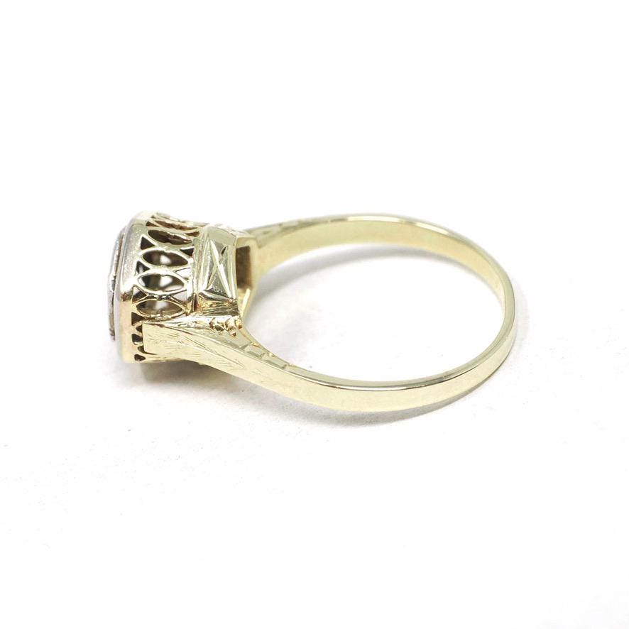 Art Deco Diamond Ring - Vintage 14k Yellow White Gold .13 CT Hexagonal Engagement - Circa 1930s Era Size 6.5 Fine Tall Crown Bridal Jewelry