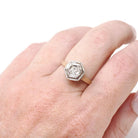 Art Deco Diamond Ring - Vintage 14k Yellow White Gold .13 CT Hexagonal Engagement - Circa 1930s Era Size 6.5 Fine Tall Crown Bridal Jewelry