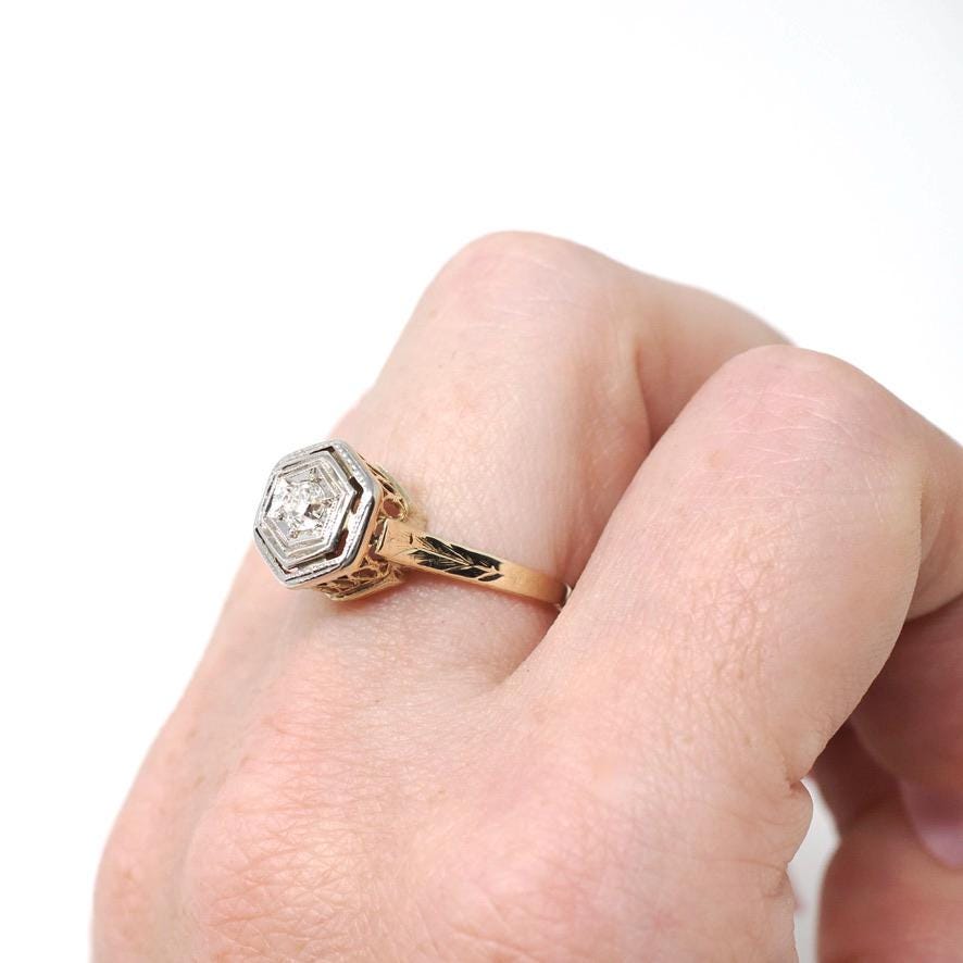 Art Deco Diamond Ring - Vintage 14k Yellow White Gold .13 CT Hexagonal Engagement - Circa 1930s Era Size 6.5 Fine Tall Crown Bridal Jewelry