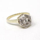 Art Deco Diamond Ring - Vintage 14k Yellow White Gold .13 CT Hexagonal Engagement - Circa 1930s Era Size 6.5 Fine Tall Crown Bridal Jewelry