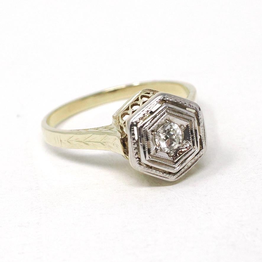 Art Deco Diamond Ring - Vintage 14k Yellow White Gold .13 CT Hexagonal Engagement - Circa 1930s Era Size 6.5 Fine Tall Crown Bridal Jewelry
