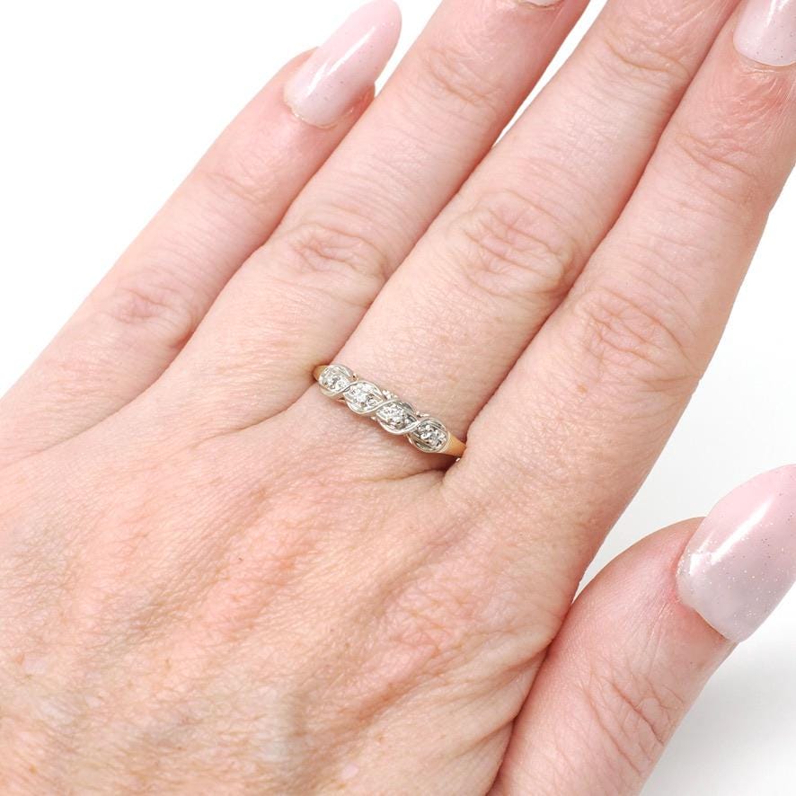 Vintage Diamond Band - Mid Century 14k Yellow & White Gold .03 CTW Wedding Ring - Circa 1950s Size 7 1/4 Fine Two Tone Fine Bridal Jewelry