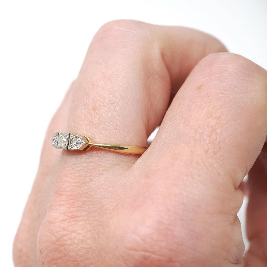 Diamond Wedding Band - Mid Century 18k Yellow Gold & Platinum .07 CTW Stacking Ring - Circa 1940s Size 6 3/4 Fine Two Tone Bridal Jewelry