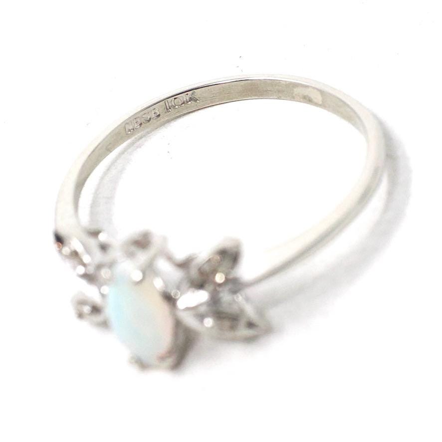 Opal & Diamond Ring - Modern 10k White Gold Cabochon Marquise Butterfly Statement - Estate Circa 2000s Era Size 6 3/4 Dainty Fine Jewelry