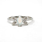 Opal & Diamond Ring - Modern 10k White Gold Cabochon Marquise Butterfly Statement - Estate Circa 2000s Era Size 6 3/4 Dainty Fine Jewelry