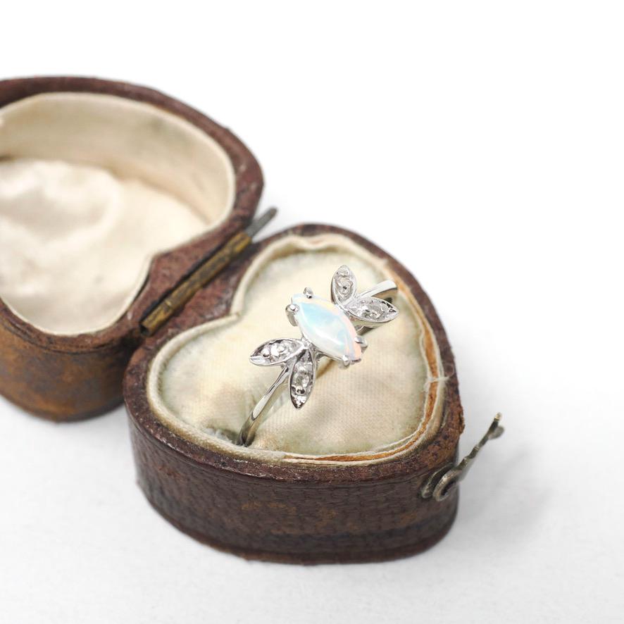 Opal & Diamond Ring - Modern 10k White Gold Cabochon Marquise Butterfly Statement - Estate Circa 2000s Era Size 6 3/4 Dainty Fine Jewelry